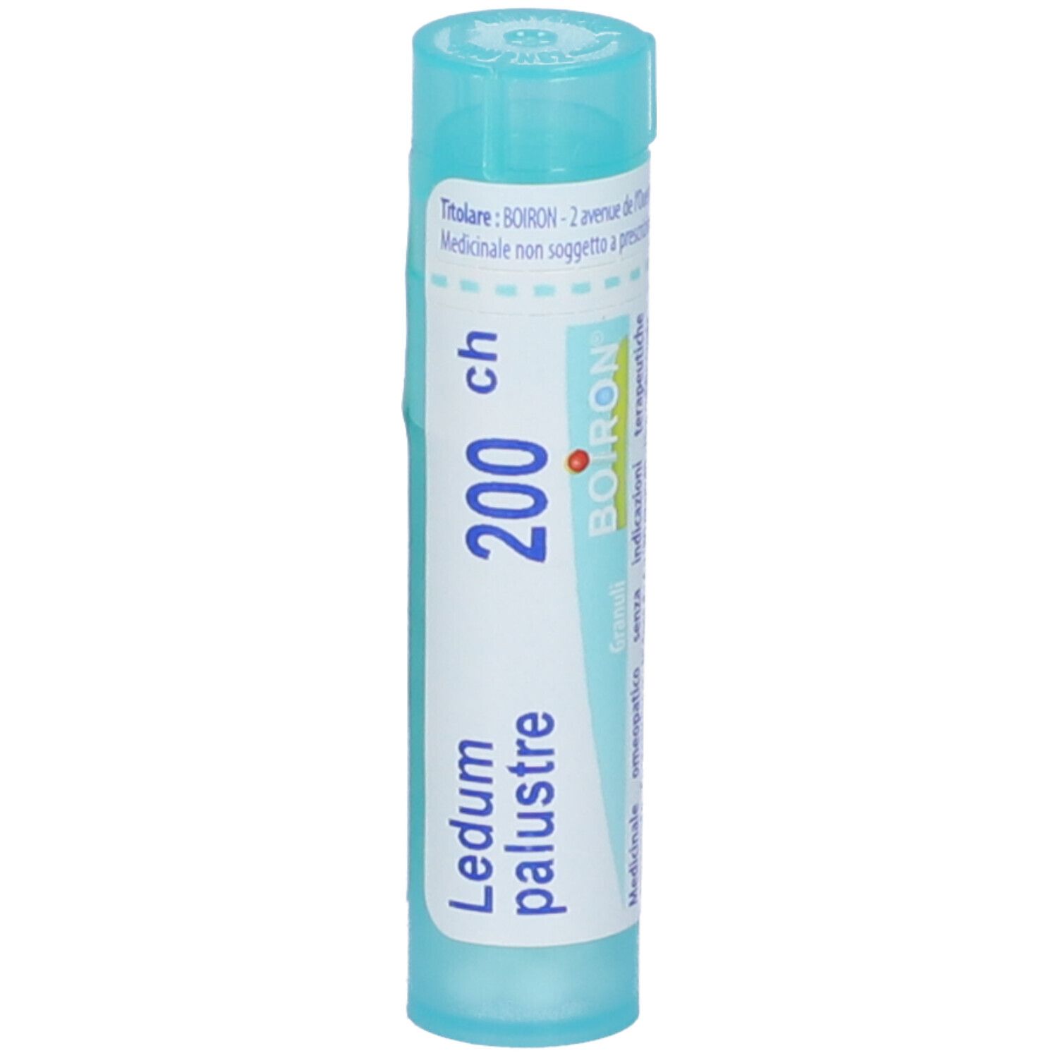 Confezione cilindrica blu. Scritta: Ledum palustre 200 ch, BOIRON. Vista verticale.