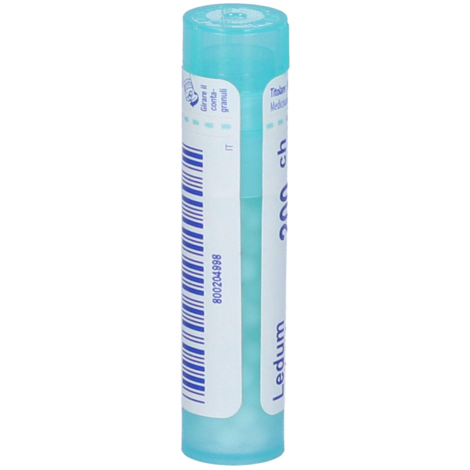 Confezione cilindrica blu. Codice a barre e scritta: Ledum, 200 ch. IT.
