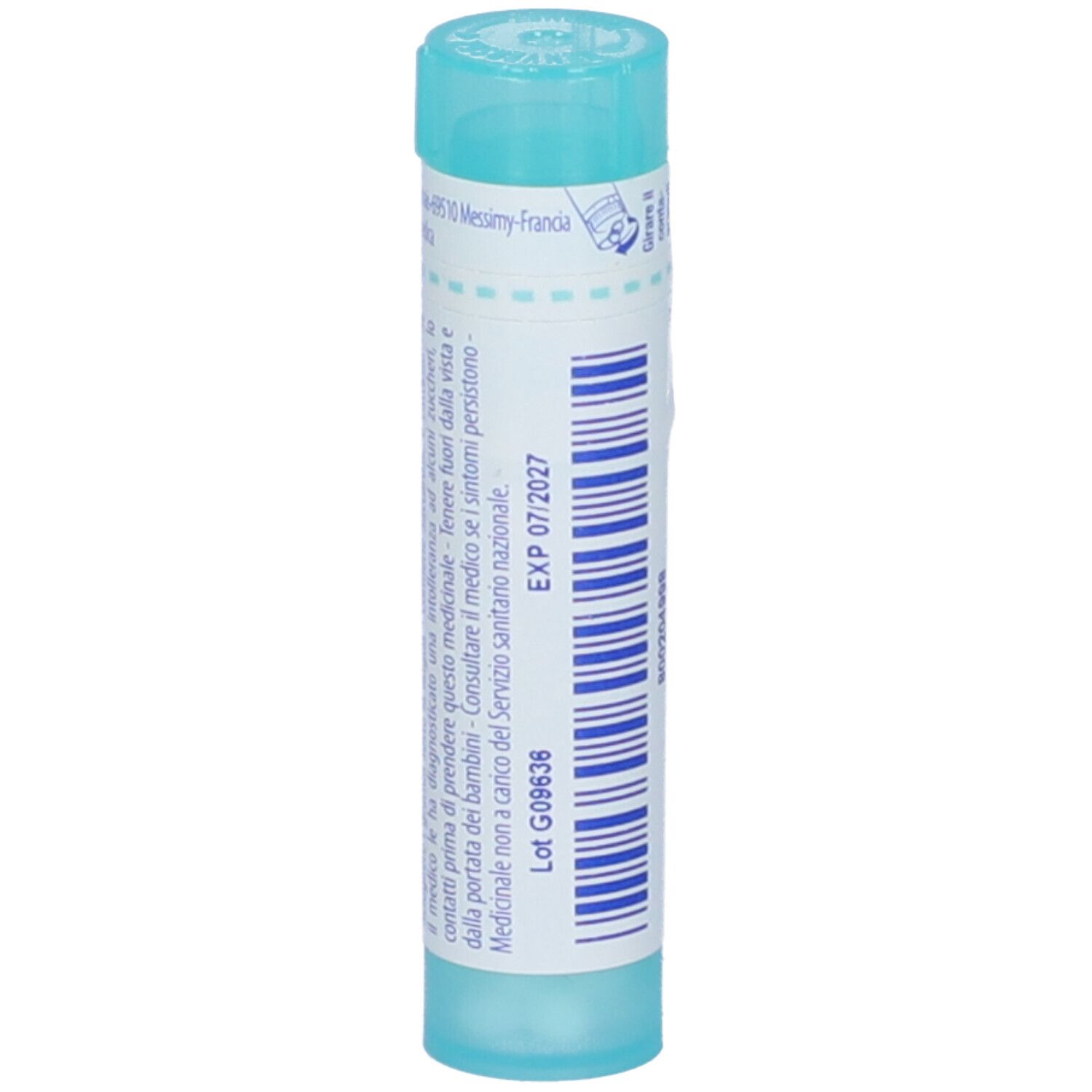 Confezione cilindrica blu. Scritta: EXP 07/2027, Lot G09636. Retro.