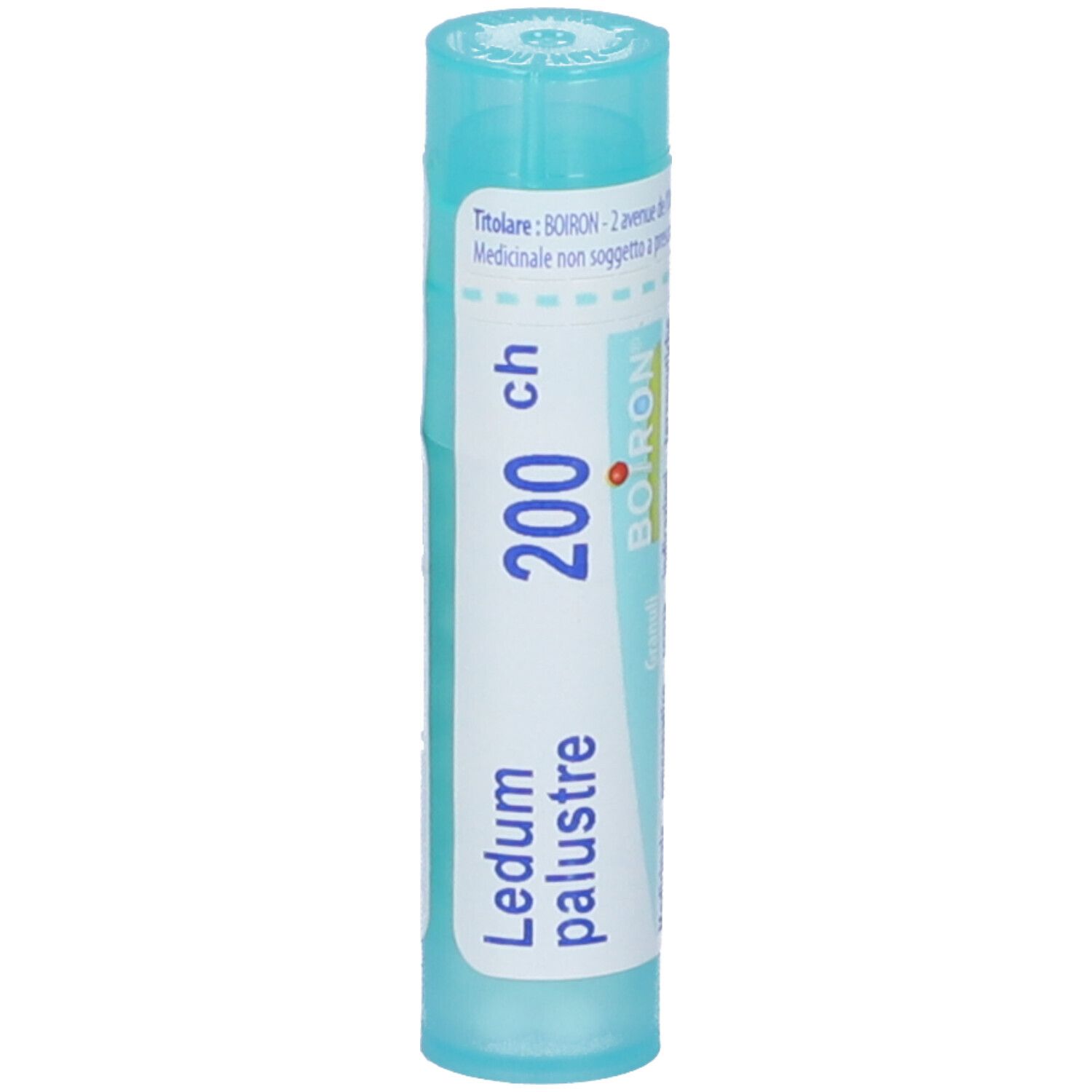 Confezione cilindrica blu. Scritta: Ledum palustre 200 ch, BOIRON. Vista verticale.