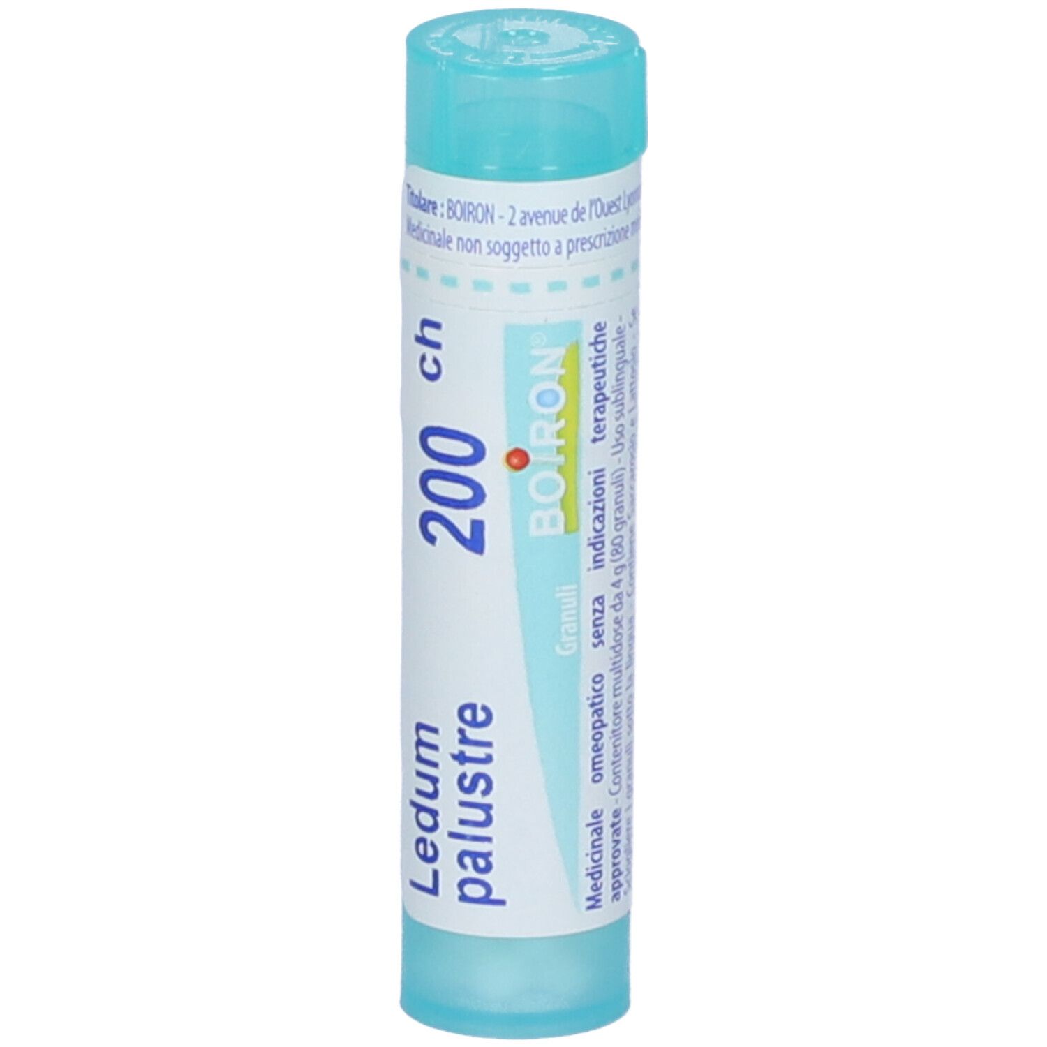 Confezione cilindrica blu. Scritta: Ledum palustre 200 ch, BOIRON. Granuli.
