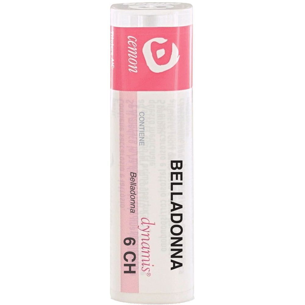 Confezione cilindrica con dettagli rosa. Scritta: Cemon, Belladonna 6 CH.