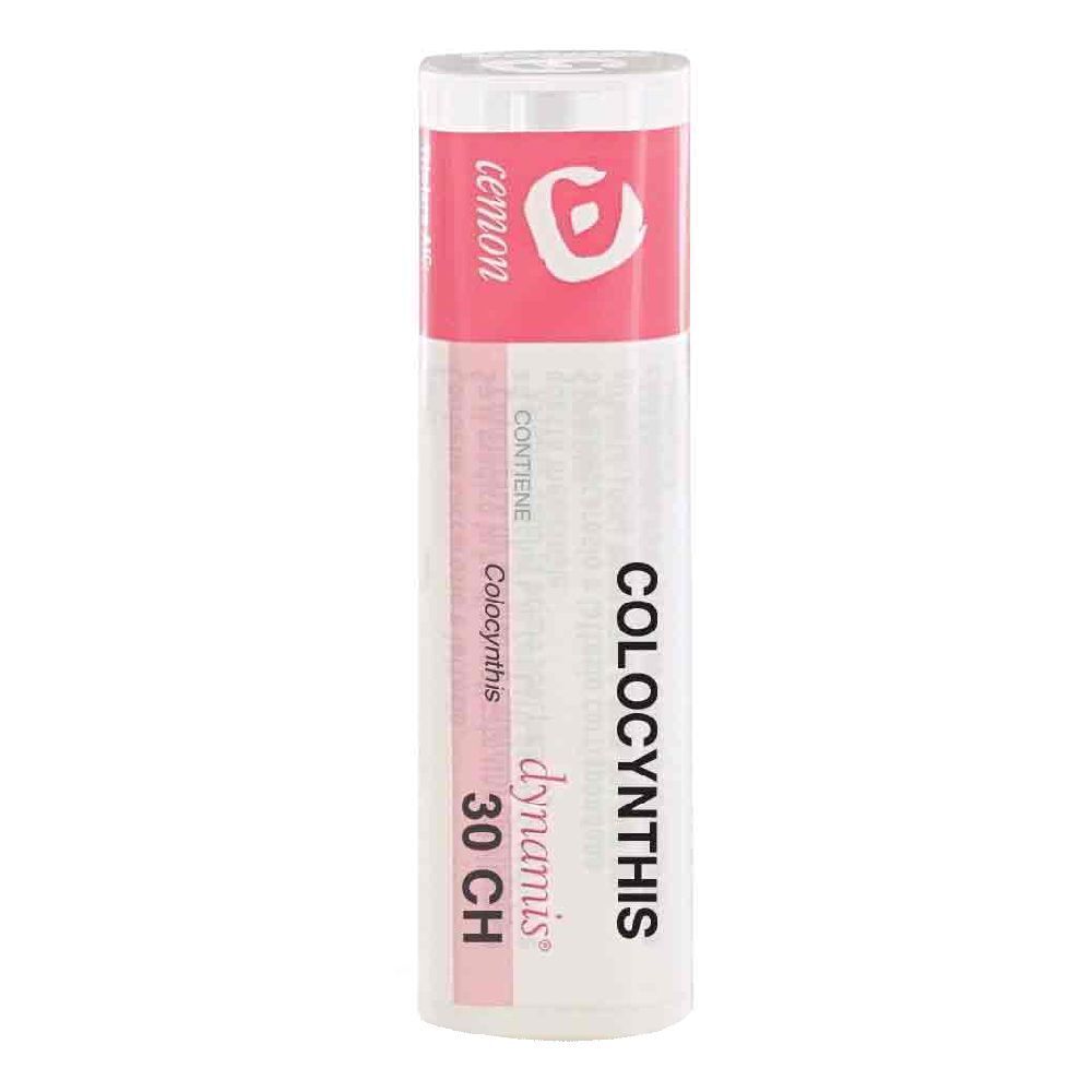 Confezione cilindrica con fascia rosa. Scritta: Colocynthis 30 CH. Marchio: Cemon.