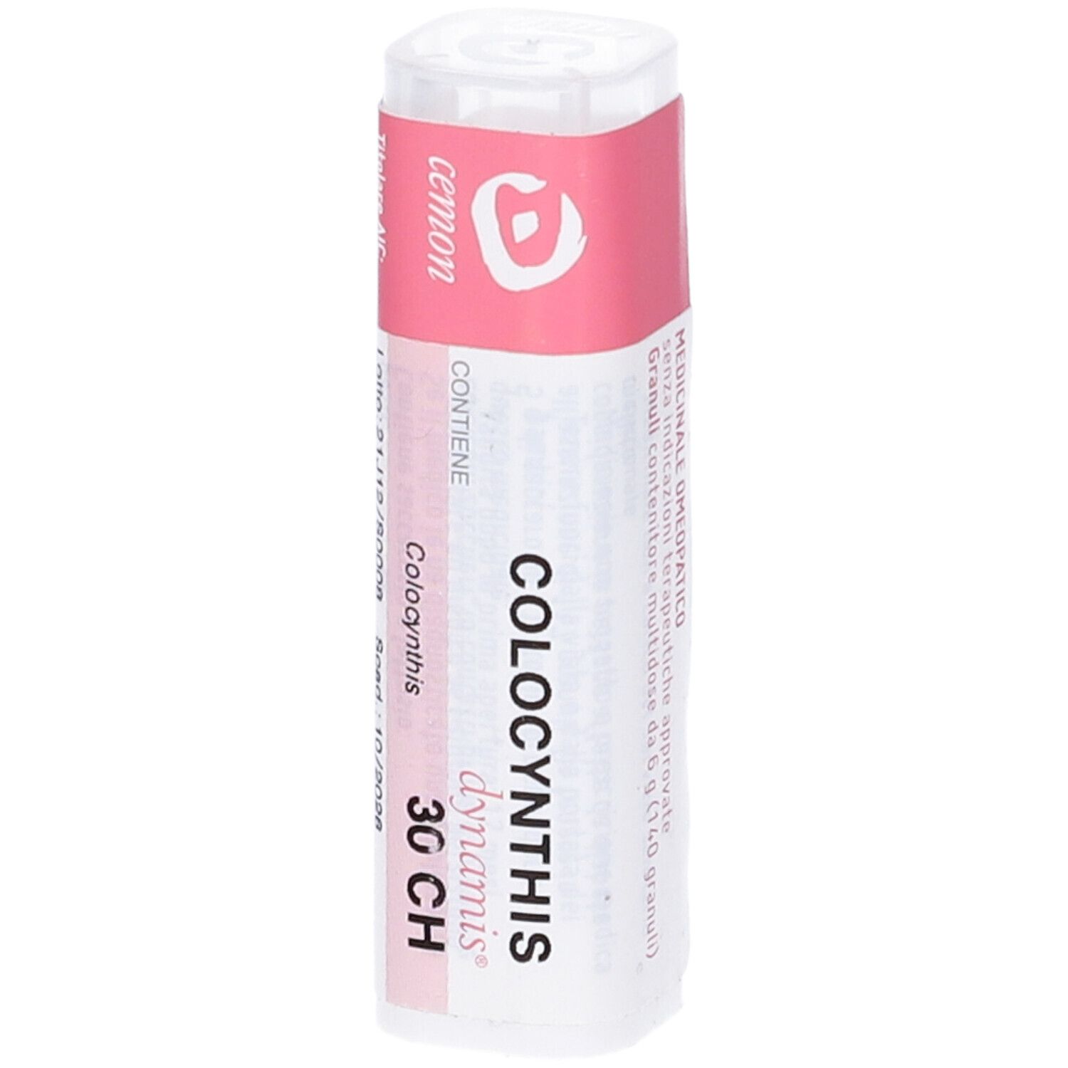 Confezione cilindrica con fascia rosa. Scritta: Colocynthis 30 CH. Marchio: Cemon.