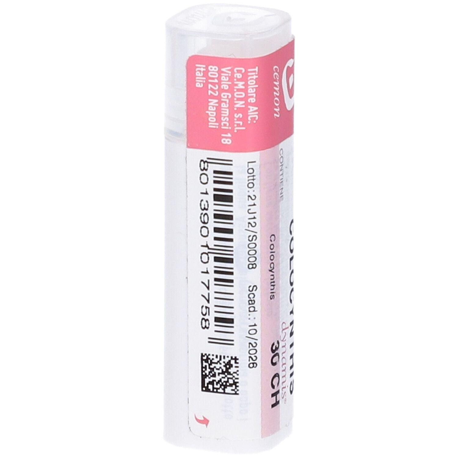Confezione cilindrica con fascia rosa. Scritta: Colocynthis 30 CH. Marchio: Cemon.