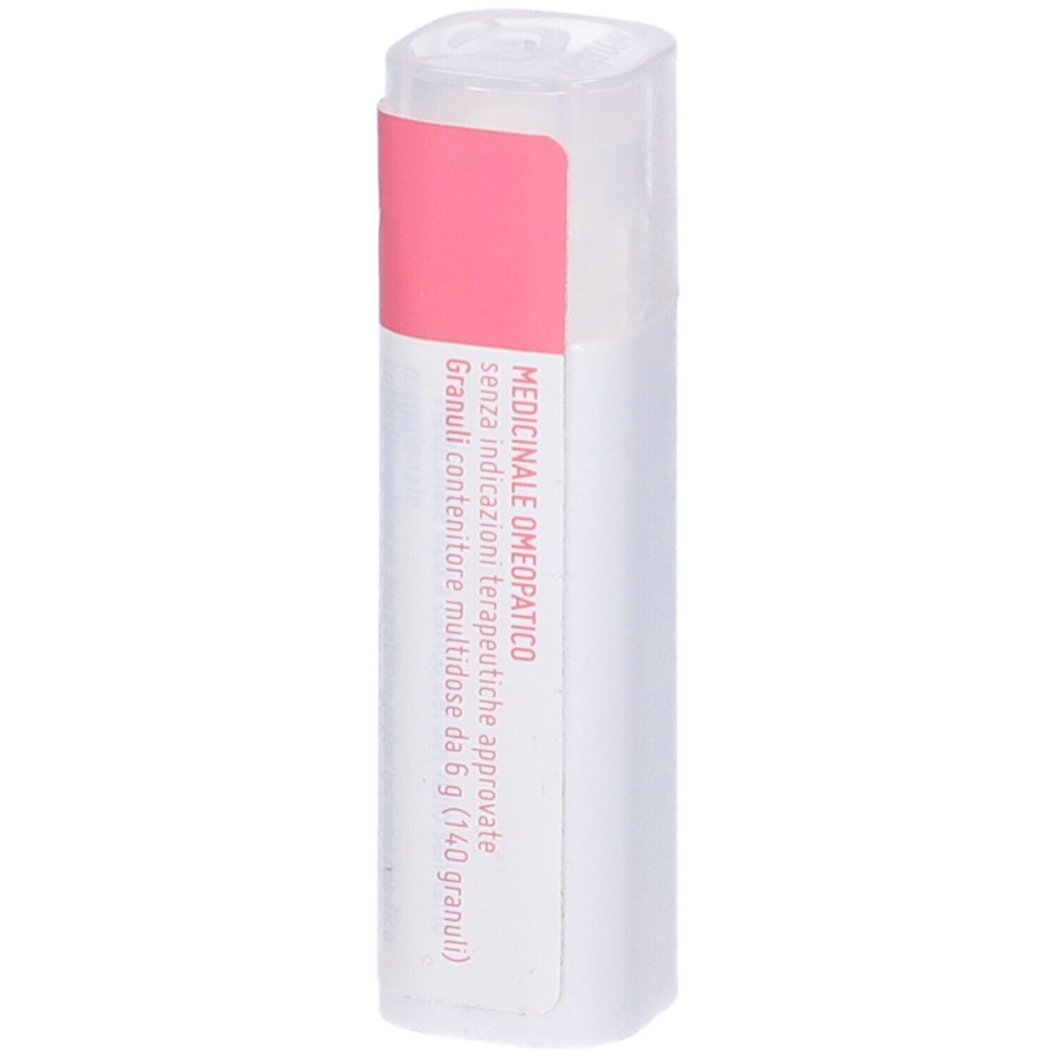 Confezione cilindrica bianca con fascia rosa. Scritta: Medicinale.