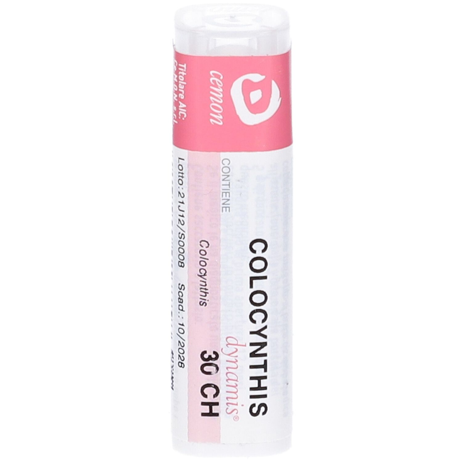 Confezione cilindrica con fascia rosa. Scritta: Colocynthis 30 CH. Marchio: Cemon.