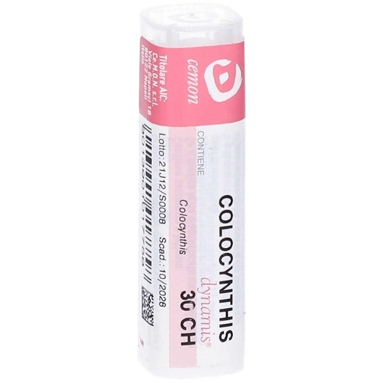 Confezione cilindrica con fascia rosa. Scritta: Colocynthis 30 CH. Marchio: Cemon.