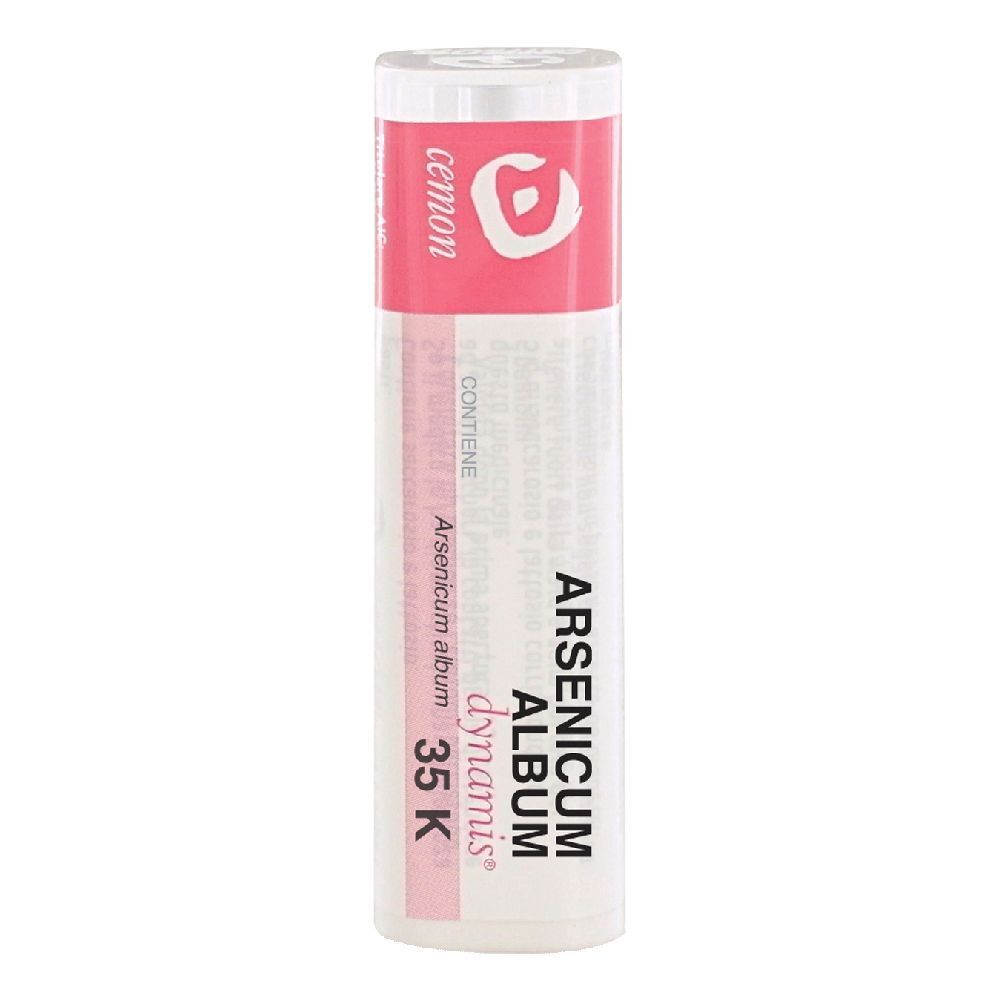 Flacone cilindrico bianco con etichetta rosa. Scritta: Arsenicum album 35 K, cemon.