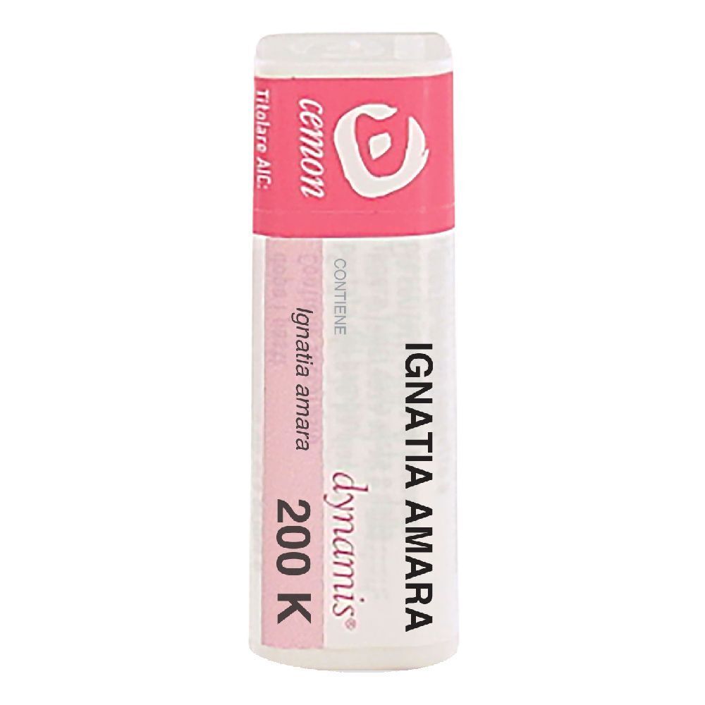 Confezione cilindrica con etichetta rosa e bianca. Scritta: Ignatia amara 200K, Cemon.