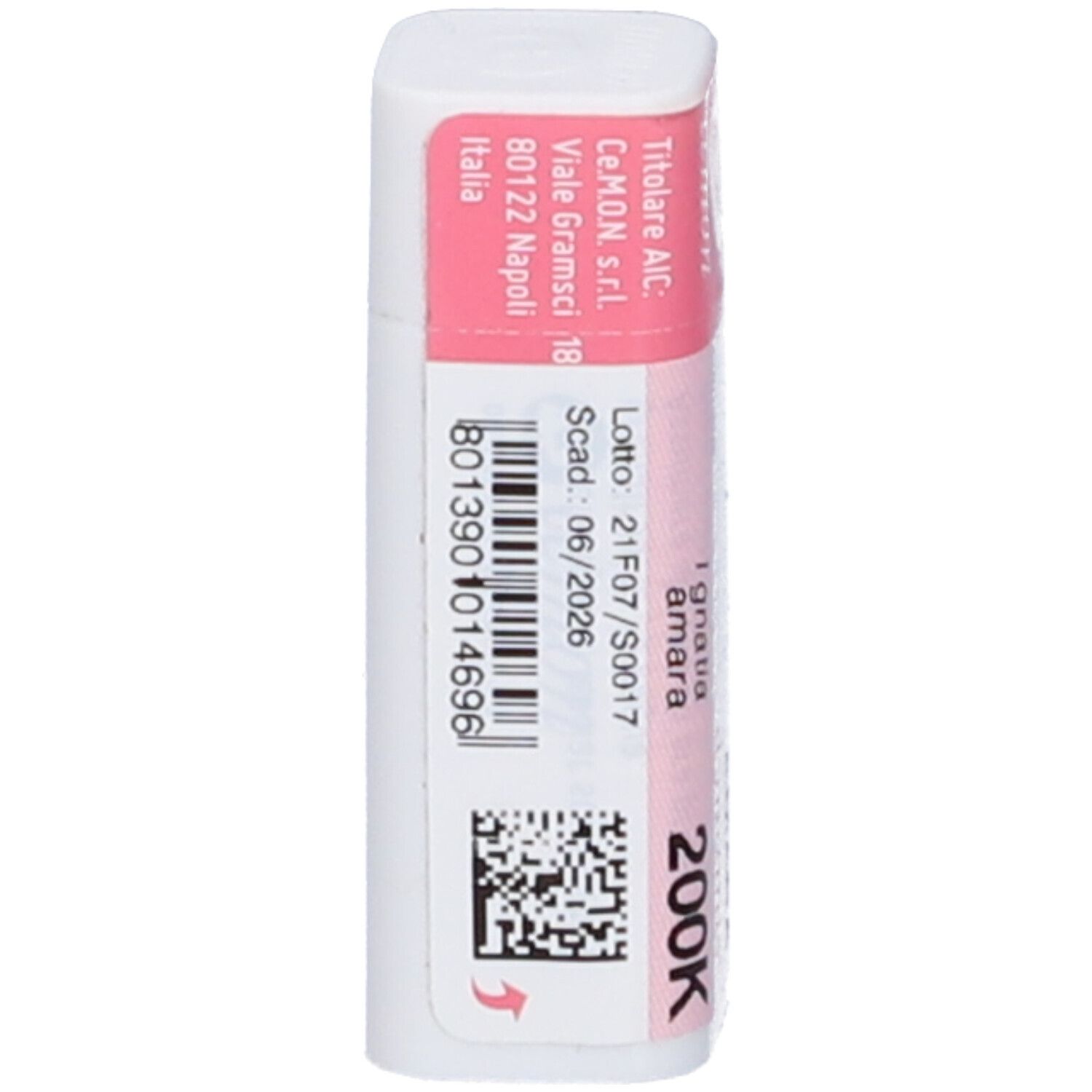 Confezione cilindrica con etichetta rosa e bianca. Scritta: Ignatia amara 200K, Cemon. Codice a barre e QR.