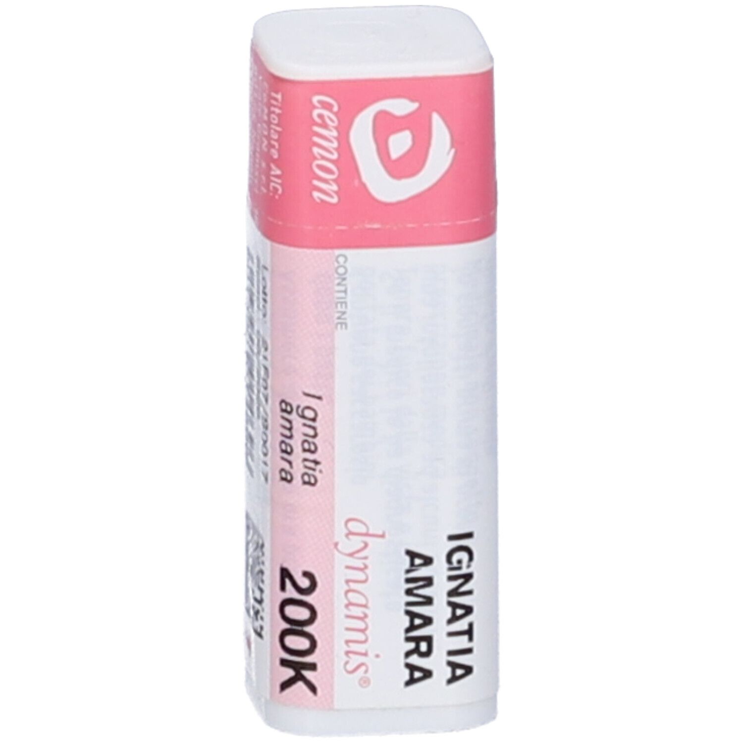 Confezione cilindrica con etichetta rosa e bianca. Scritta: Ignatia amara 200K, Cemon.