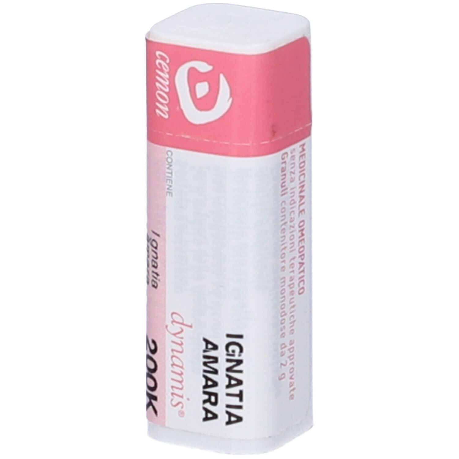 Confezione rettangolare con etichetta rosa e bianca. Scritta: Ignatia amara 200K, Cemon.