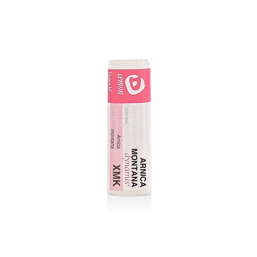 Confezione cilindrica bianca con coperchio rosa. Scritte: Cemon, Arnica Montana XMK.