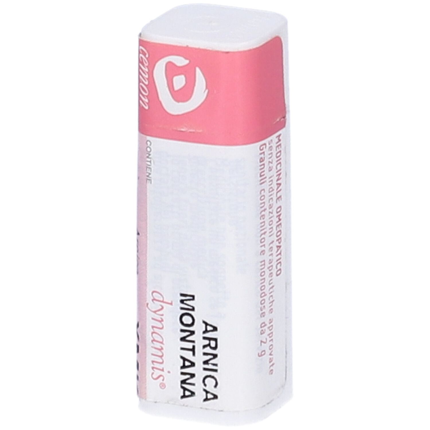 Confezione cilindrica bianca con coperchio rosa. Scritte: Cemon, Arnica Montana dynamis.