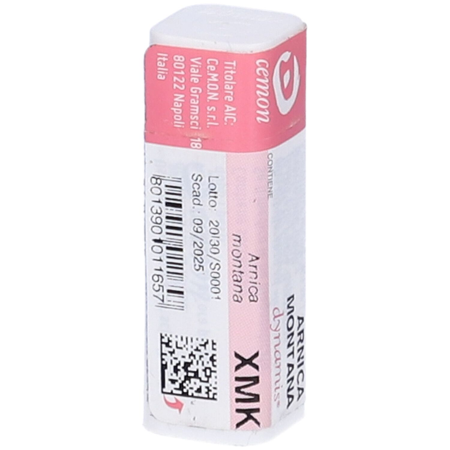 Confezione cilindrica bianca con coperchio rosa. Scritte: Cemon, Arnica Montana dynamis, numero di lotto.
