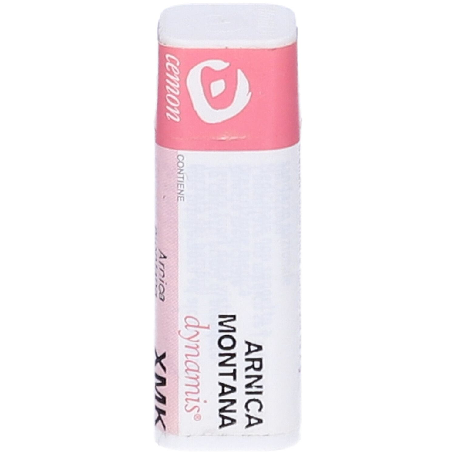 Confezione cilindrica bianca con coperchio rosa. Scritte: Cemon, Arnica Montana dynamis XMK.