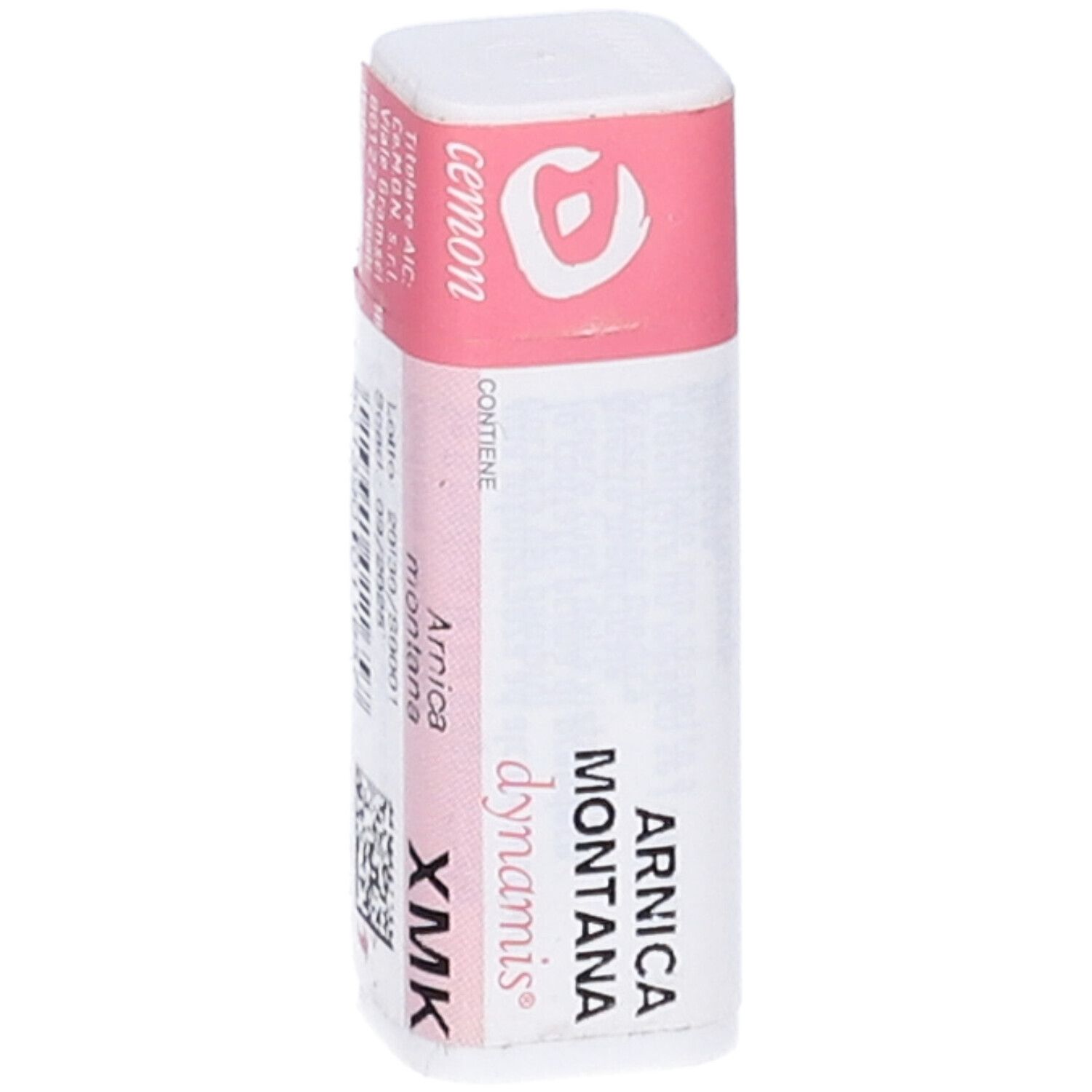 Confezione cilindrica bianca con coperchio rosa. Scritte: Cemon, Arnica Montana dynamis XMK, numero di lotto.