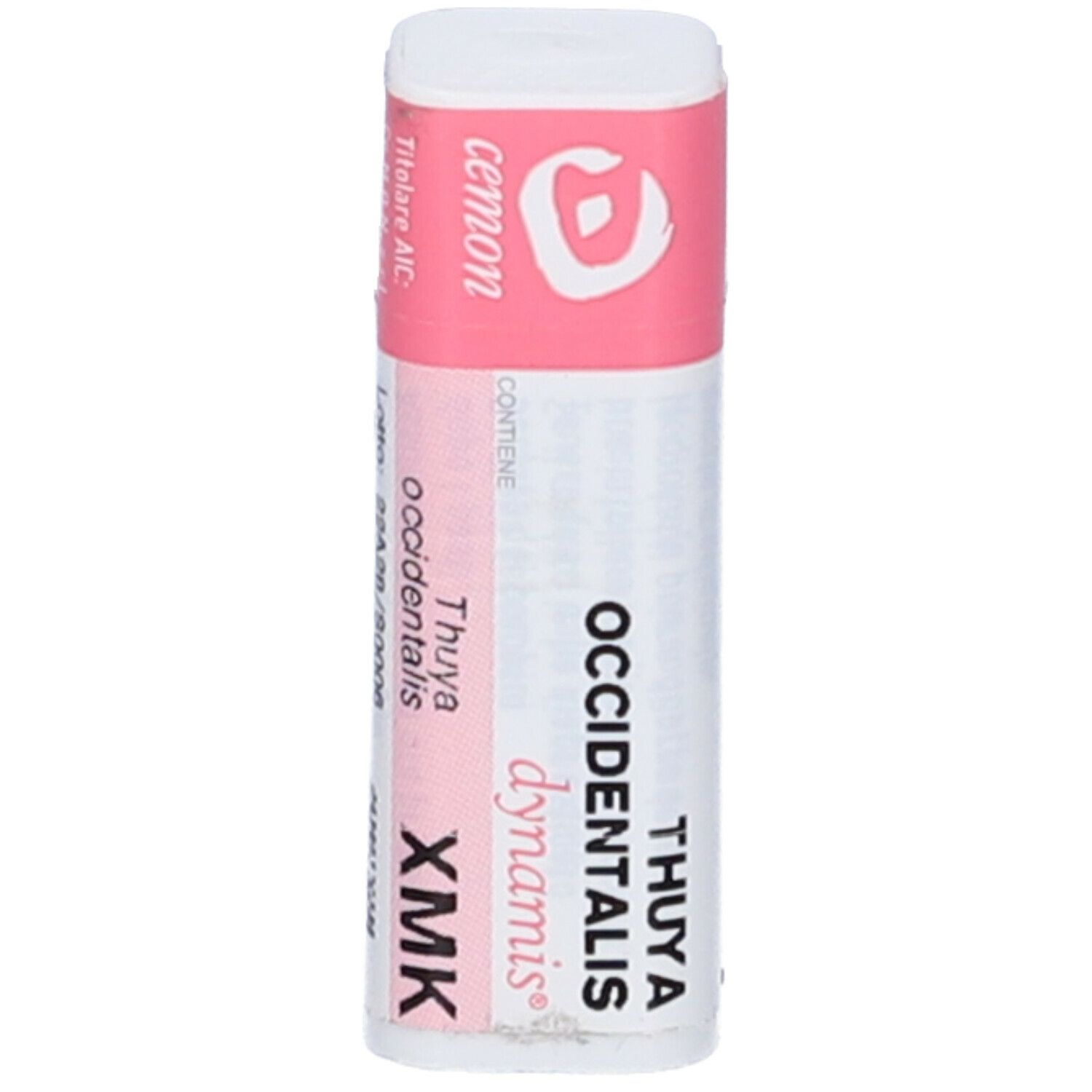 Confezione cilindrica con etichetta rosa. Testo: Cemon, Thuya occidentalis XMK. Coperchio bianco.