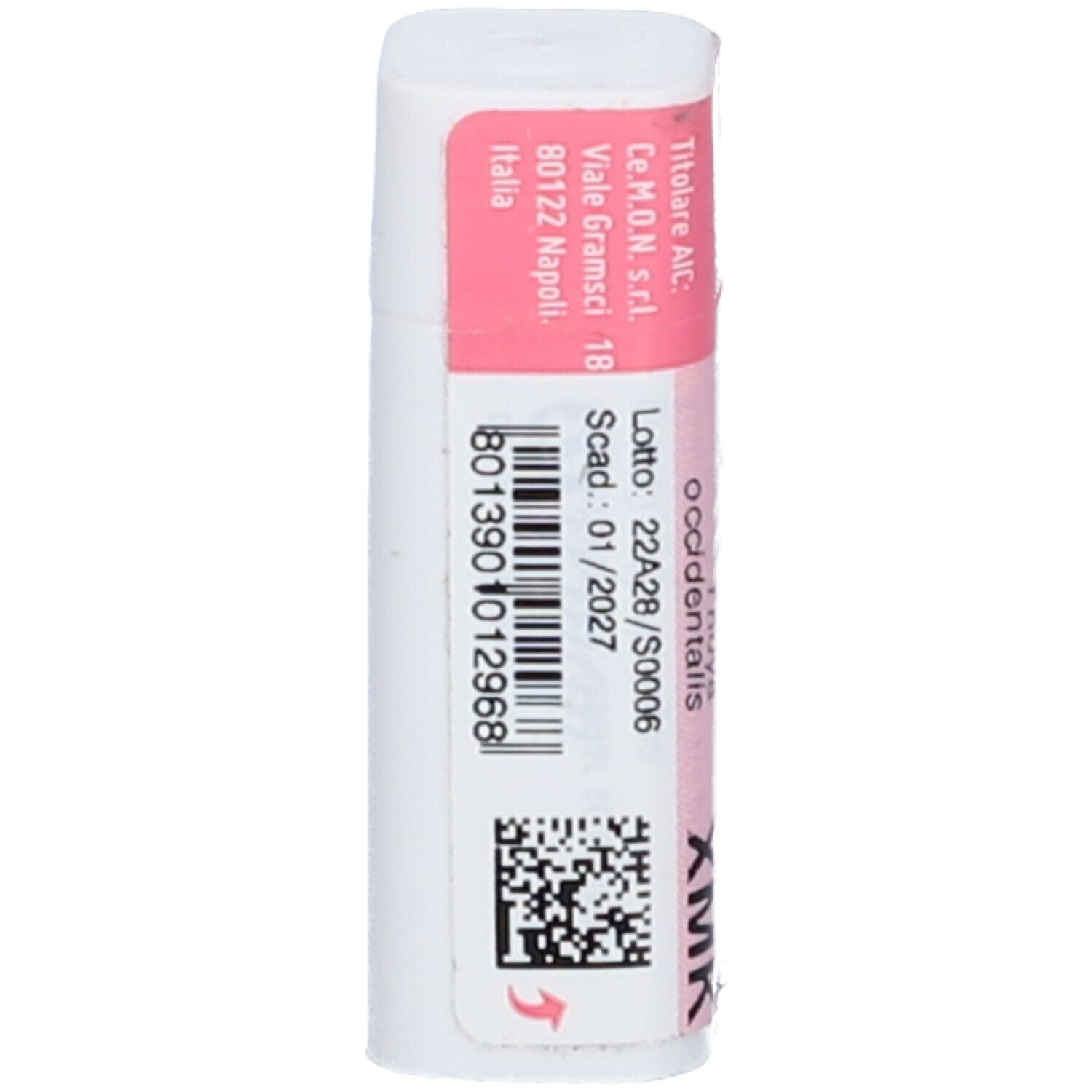 Confezione cilindrica con etichetta rosa. Testo: Cemon, Thuya occidentalis XMK. Codice a barre e QR code.