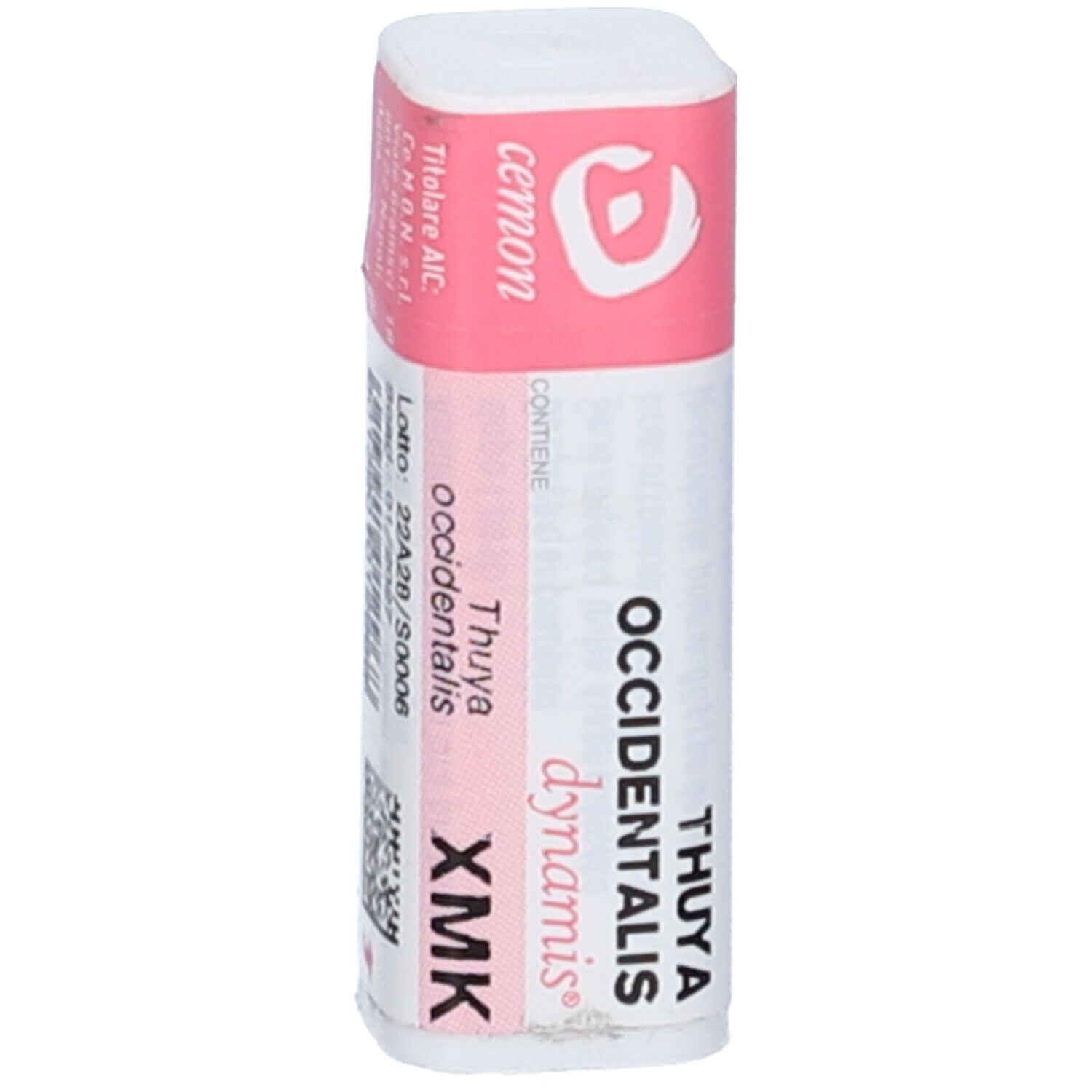 Confezione cilindrica con etichetta rosa. Testo: Cemon, Thuya occidentalis XMK. Coperchio bianco.
