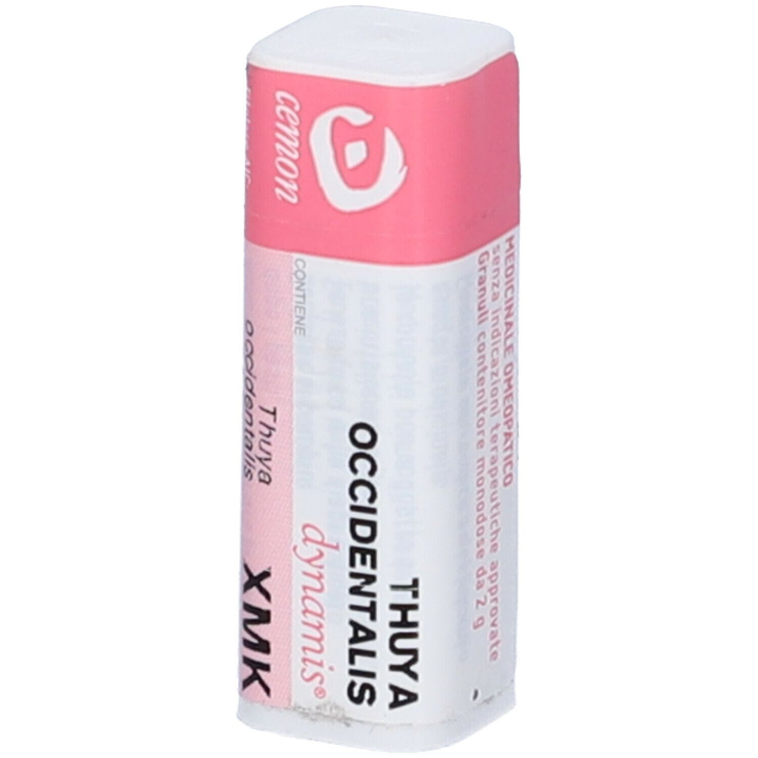 Confezione cilindrica con etichetta rosa. Testo: Cemon, Thuya occidentalis XMK. Coperchio bianco.