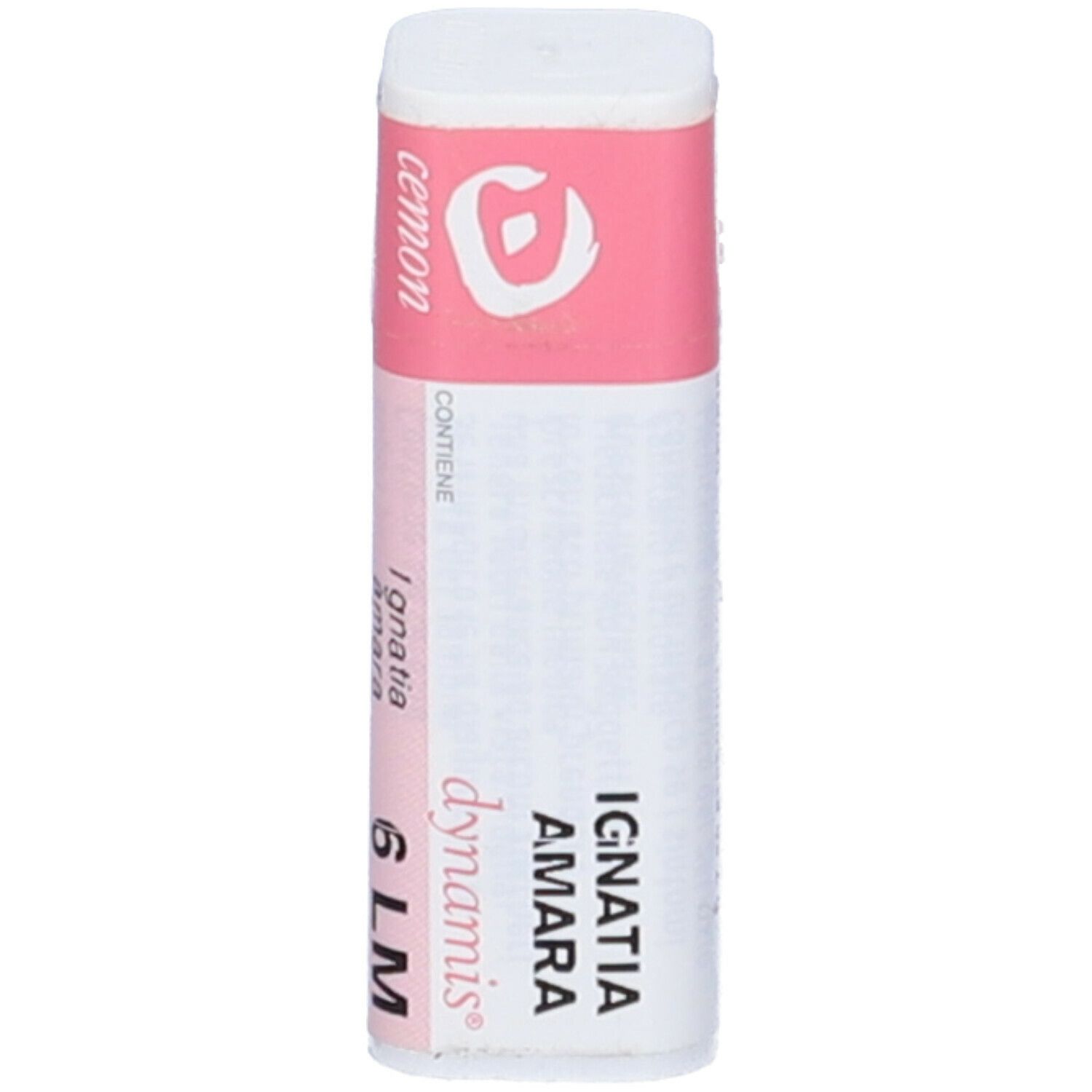 Confezione cilindrica con etichetta rosa. Scritte: Ignatia Amara 6 LM, cemon, dynamis.