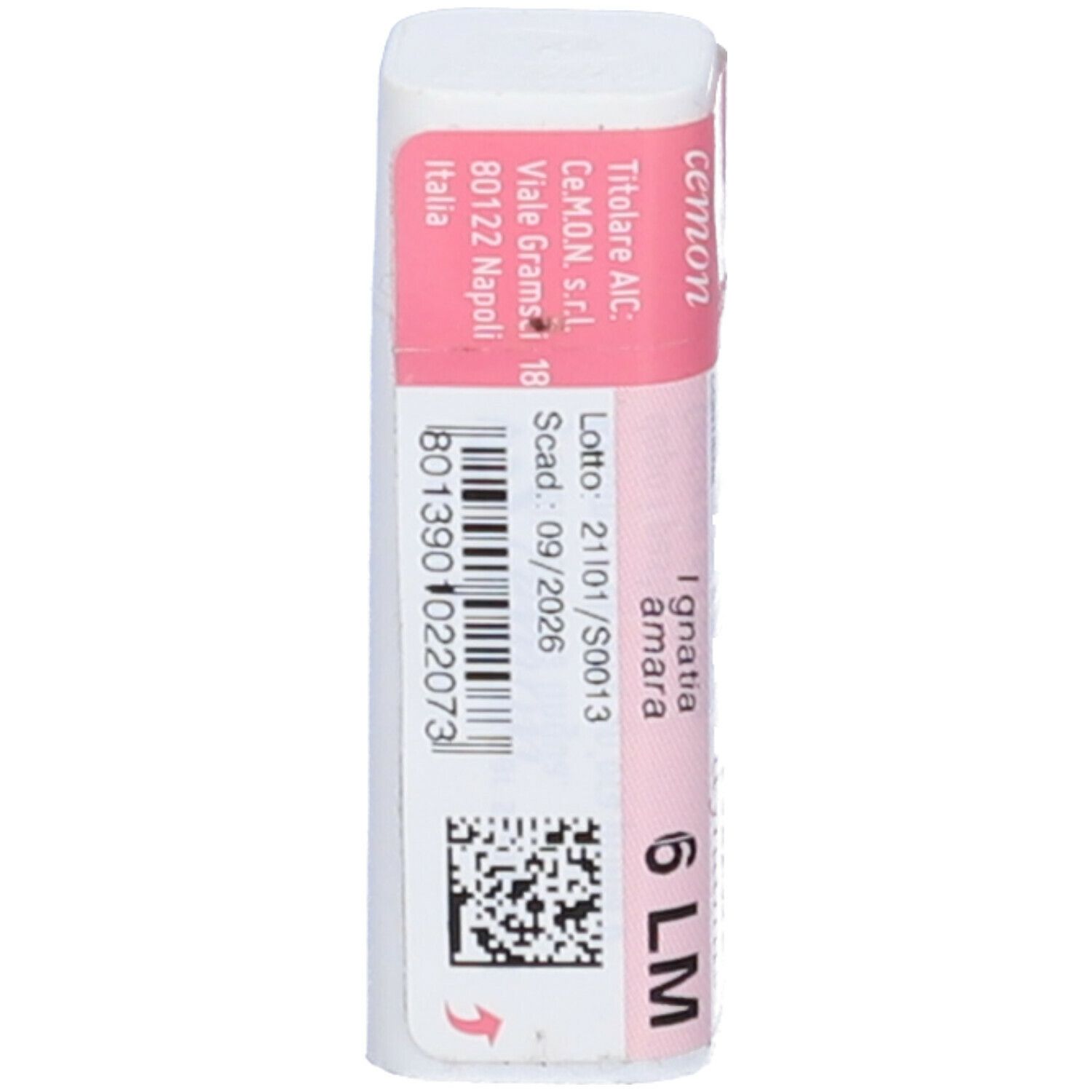 Confezione cilindrica con etichetta rosa. Scritte: Ignatia Amara 6 LM, cemon, dynamis, numero di lotto.