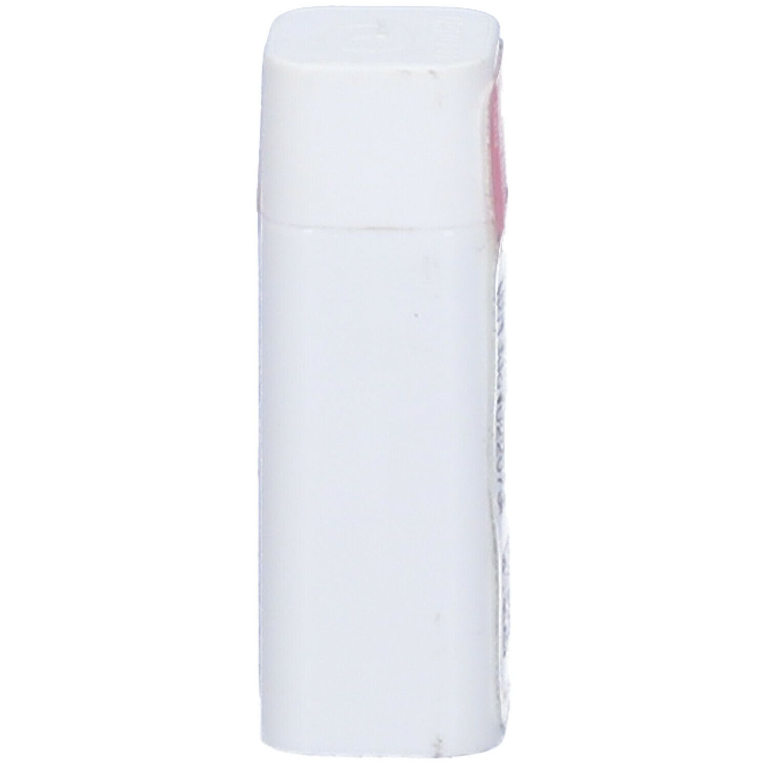 Confezione cilindrica bianca. Etichetta rosa con testo. Nessun altro dettaglio visibile.