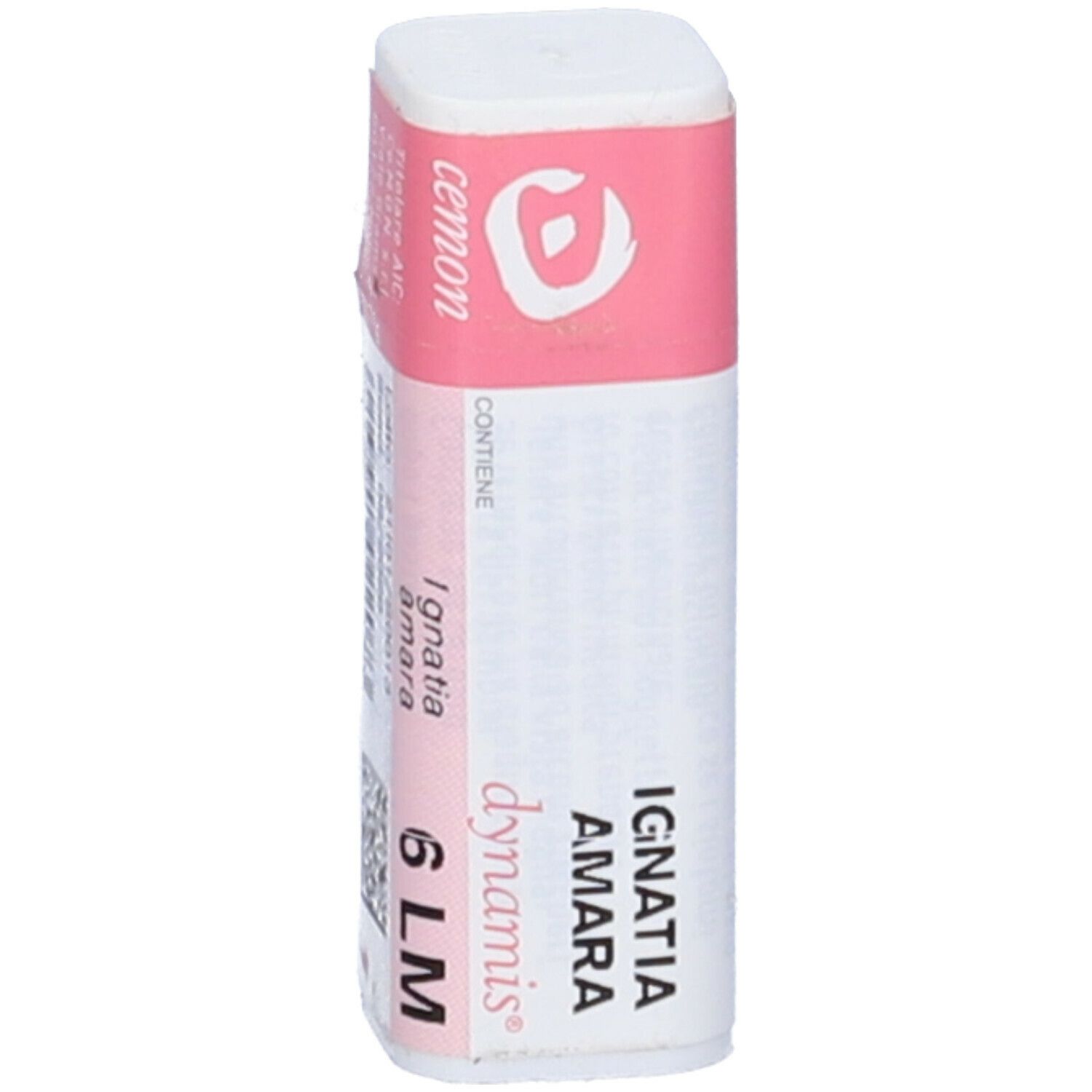 Confezione cilindrica con etichetta rosa. Scritte: Ignatia Amara 6 LM, cemon, dynamis.
