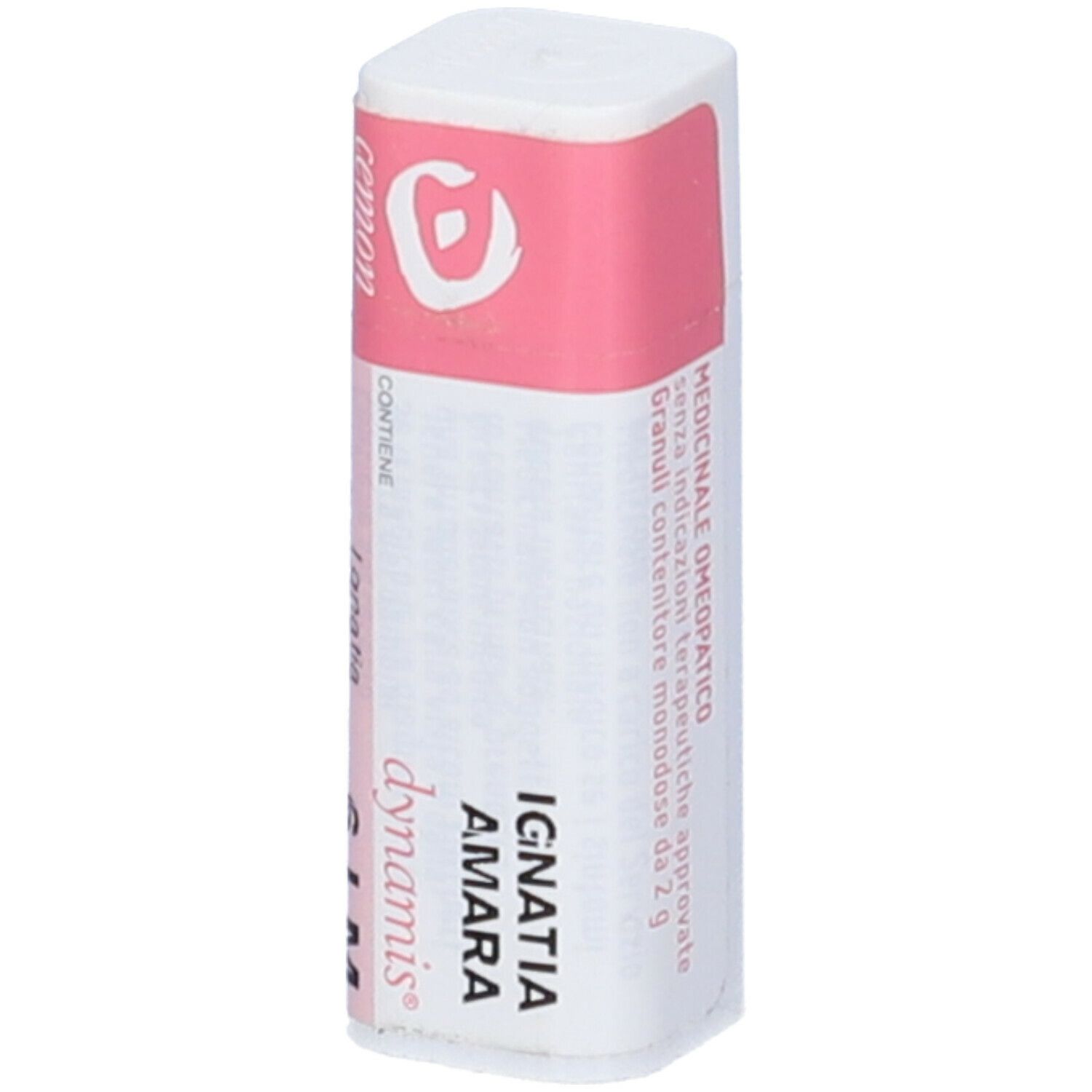 Confezione cilindrica con etichetta rosa. Scritte: Ignatia Amara, 6 LM, cemon, dynamis.