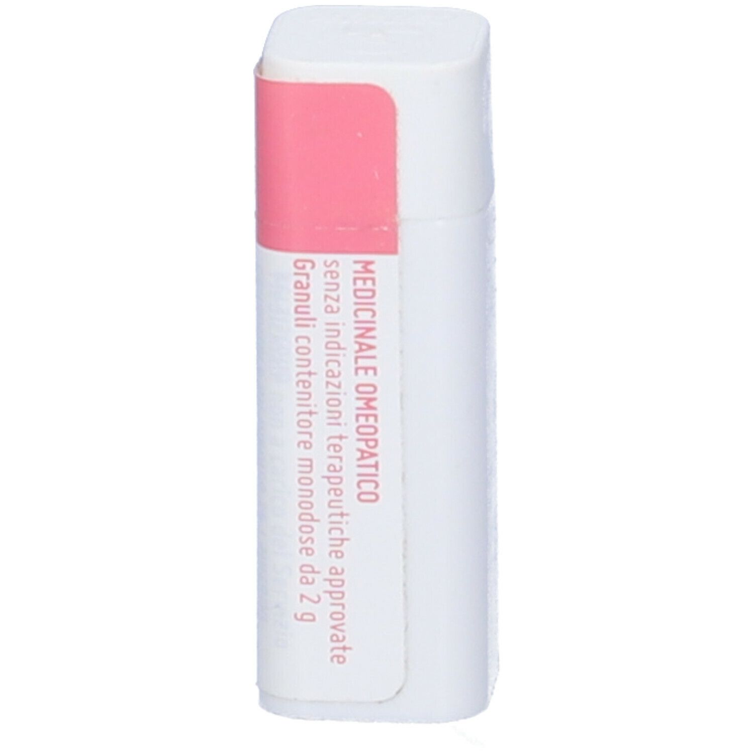 Confezione cilindrica bianca. Etichetta rosa con testo. Nessun altro dettaglio visibile.