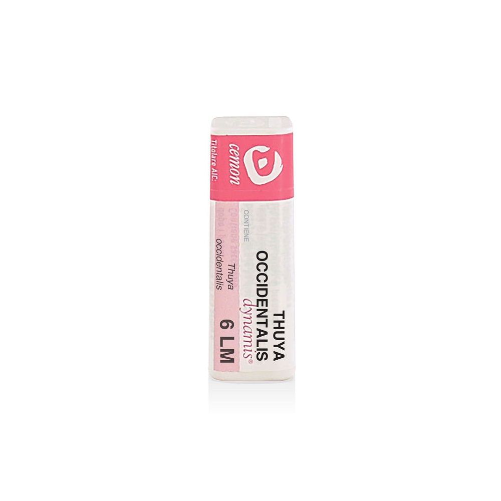 Confezione cilindrica con etichetta rosa e bianca. Scritte: Cemon, Thuya Occidentalis 6 LM.