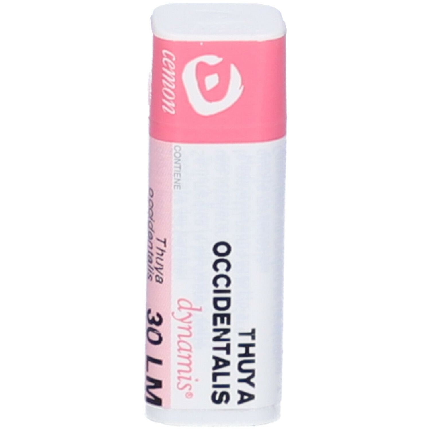 Confezione cilindrica bianca con fascia rosa. Testo: Thuya Occidentalis 30 LM, Cemon. Coperchio rosa con logo.