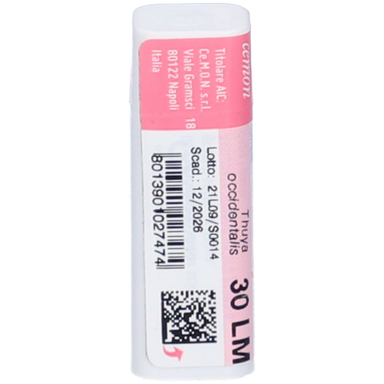 Confezione cilindrica bianca con fascia rosa. Testo: Thuya Occidentalis 30 LM, Cemon. Codice a barre e numero di lotto.