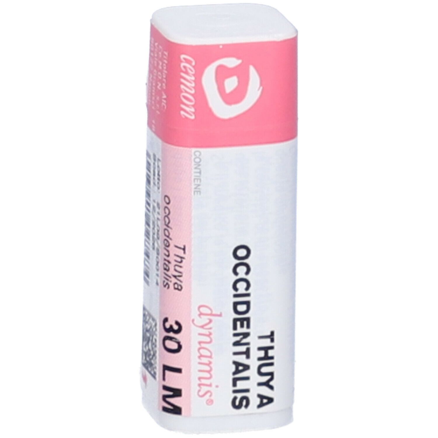 Confezione cilindrica bianca con fascia rosa. Testo: Thuya Occidentalis 30 LM, Cemon. Coperchio rosa con logo.