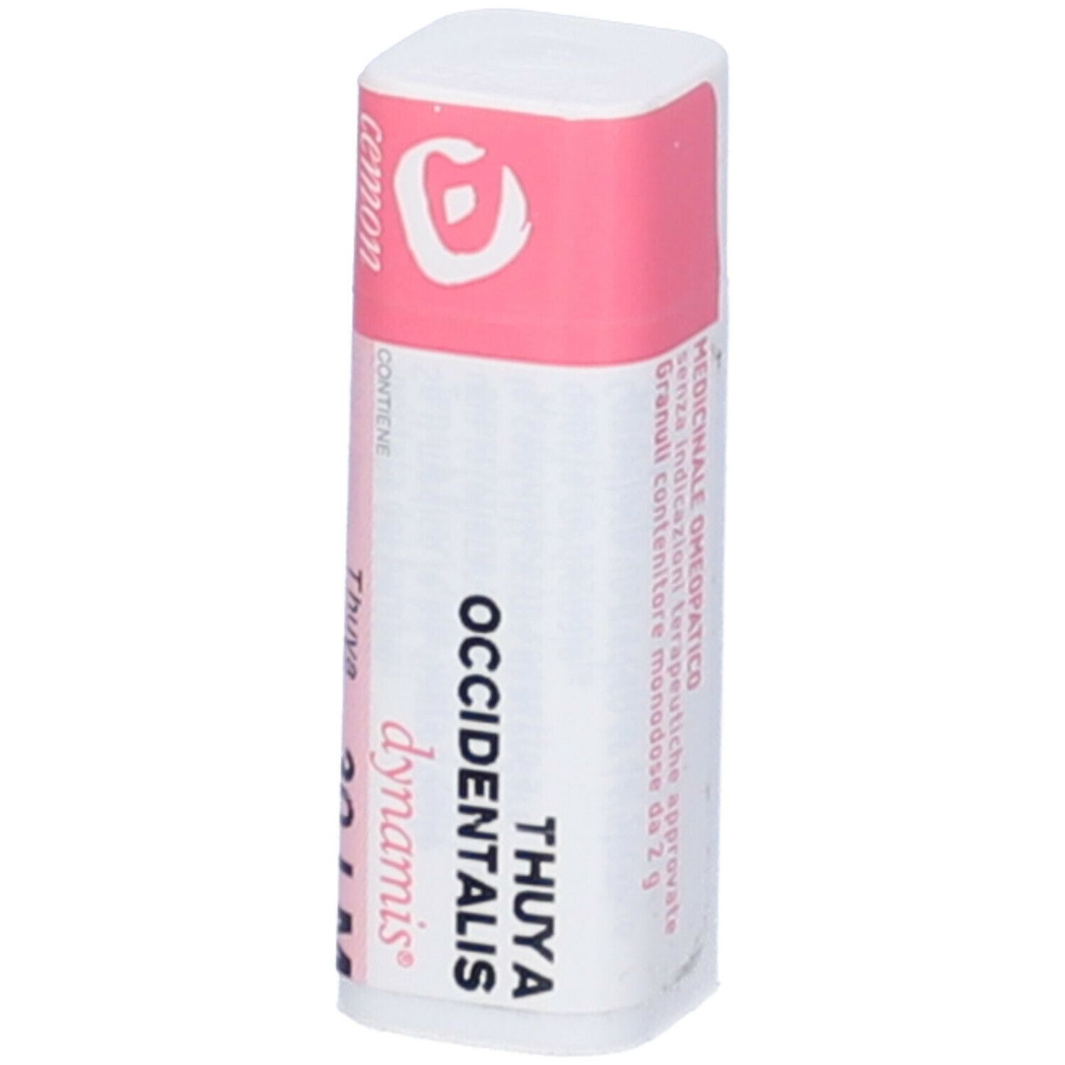 Confezione cilindrica bianca con fascia rosa. Testo: Thuya Occidentalis 30 LM, Cemon. Indicazione medica.