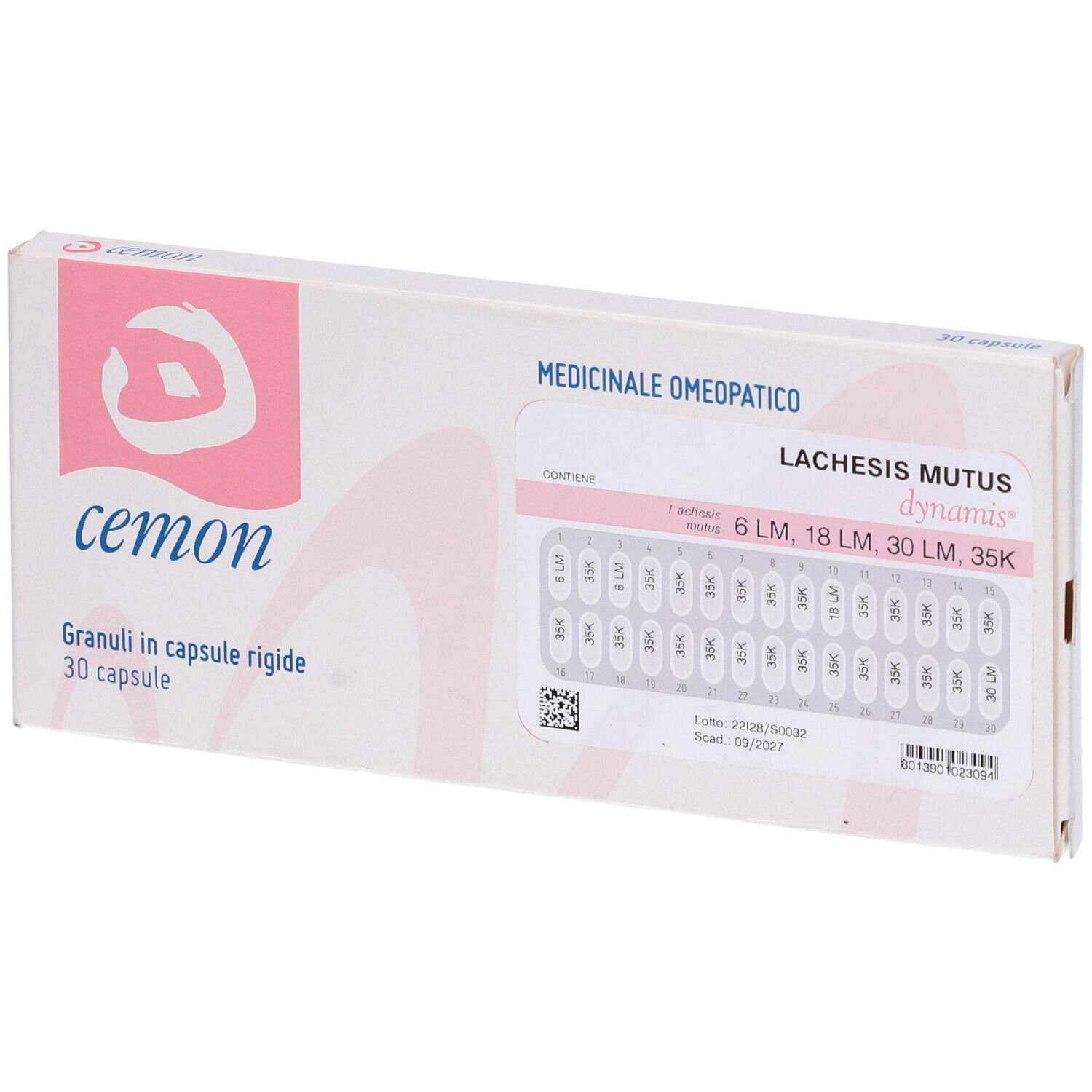 Scatola bianca con logo rosa e scritta cemon. Contiene 30 capsule.