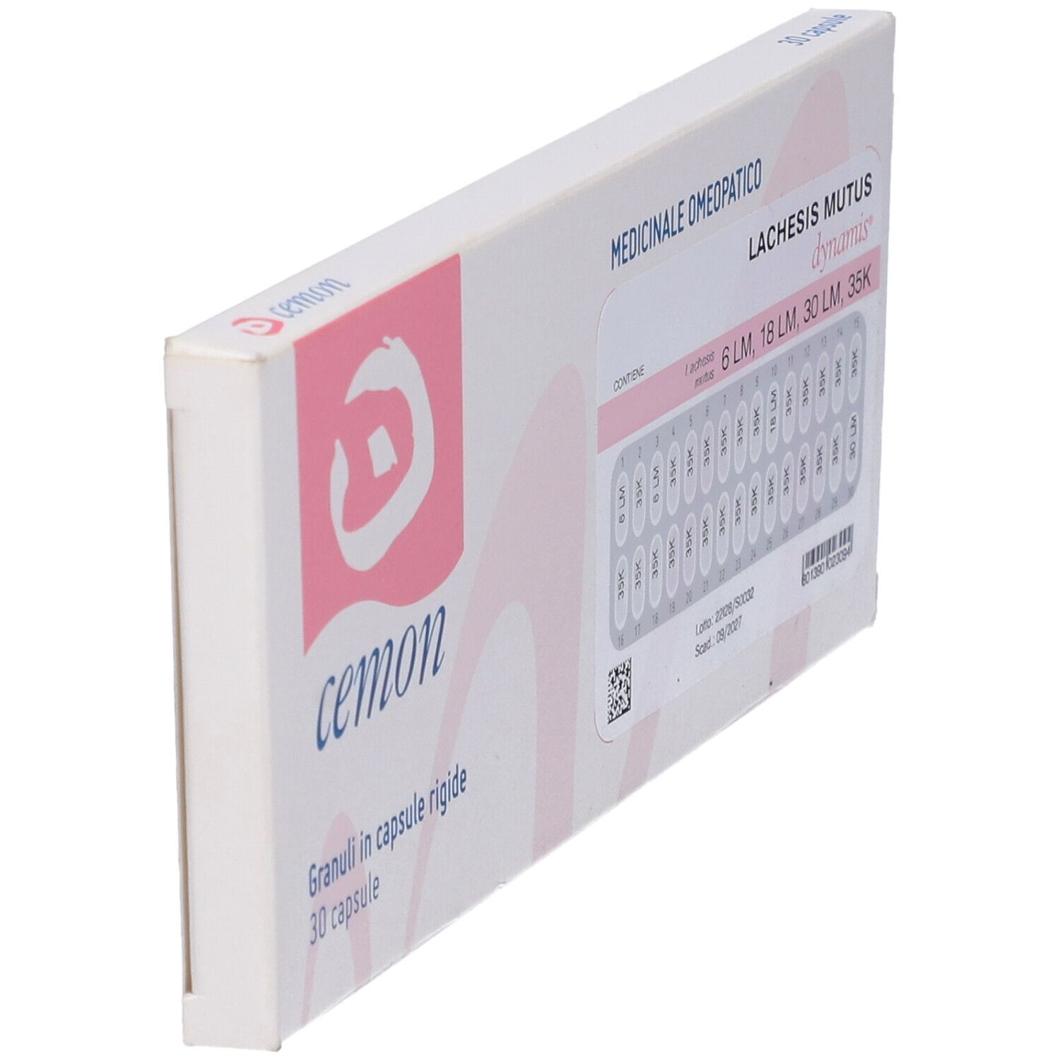 Scatola bianca, in diagonale. Logo rosa e scritta cemon. Contiene 30 capsule.