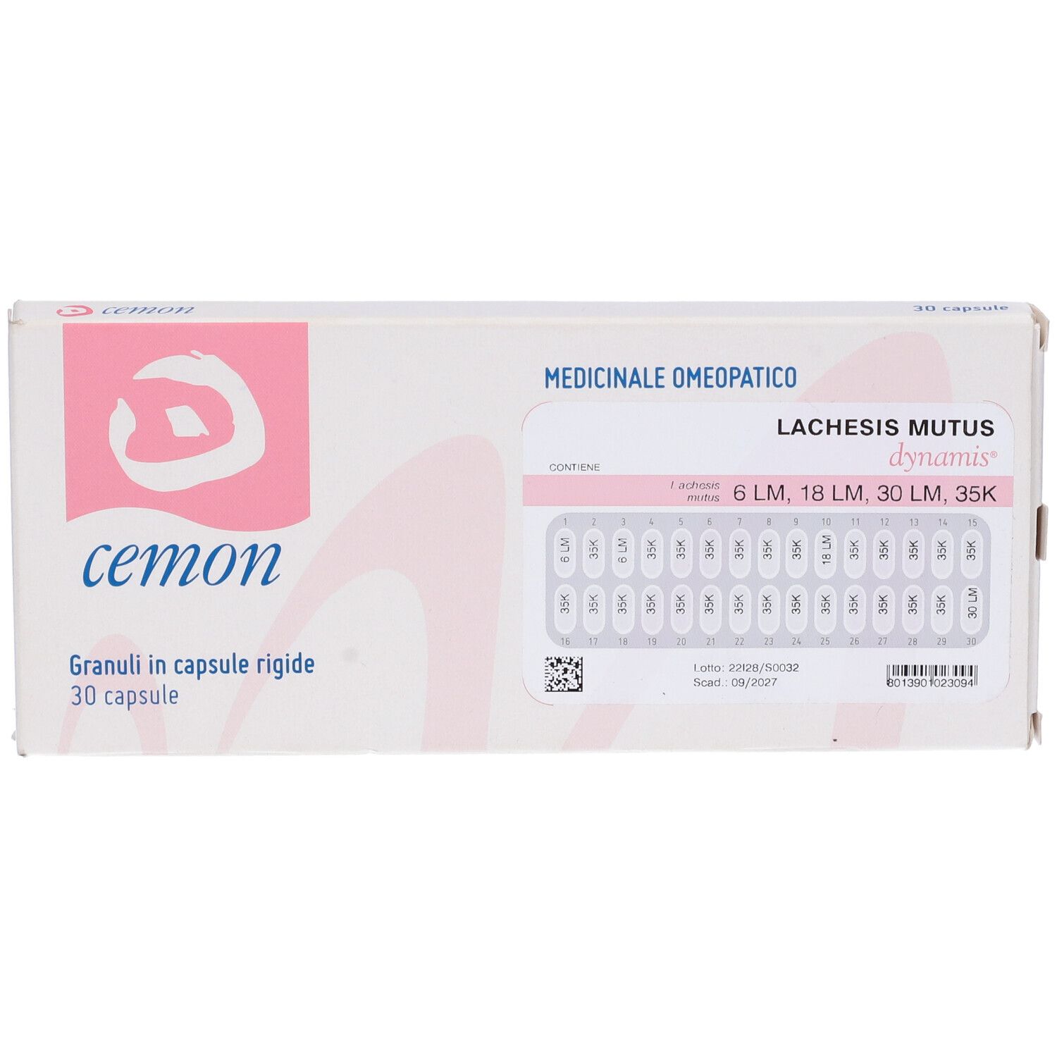 Scatola bianca con logo rosa e scritta cemon. Contiene 30 capsule.