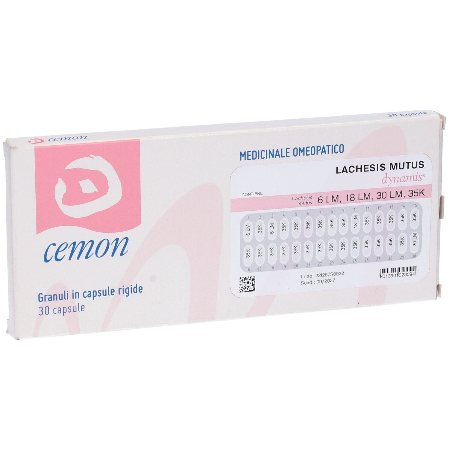Scatola bianca con logo rosa e scritta cemon. Contiene 30 capsule.