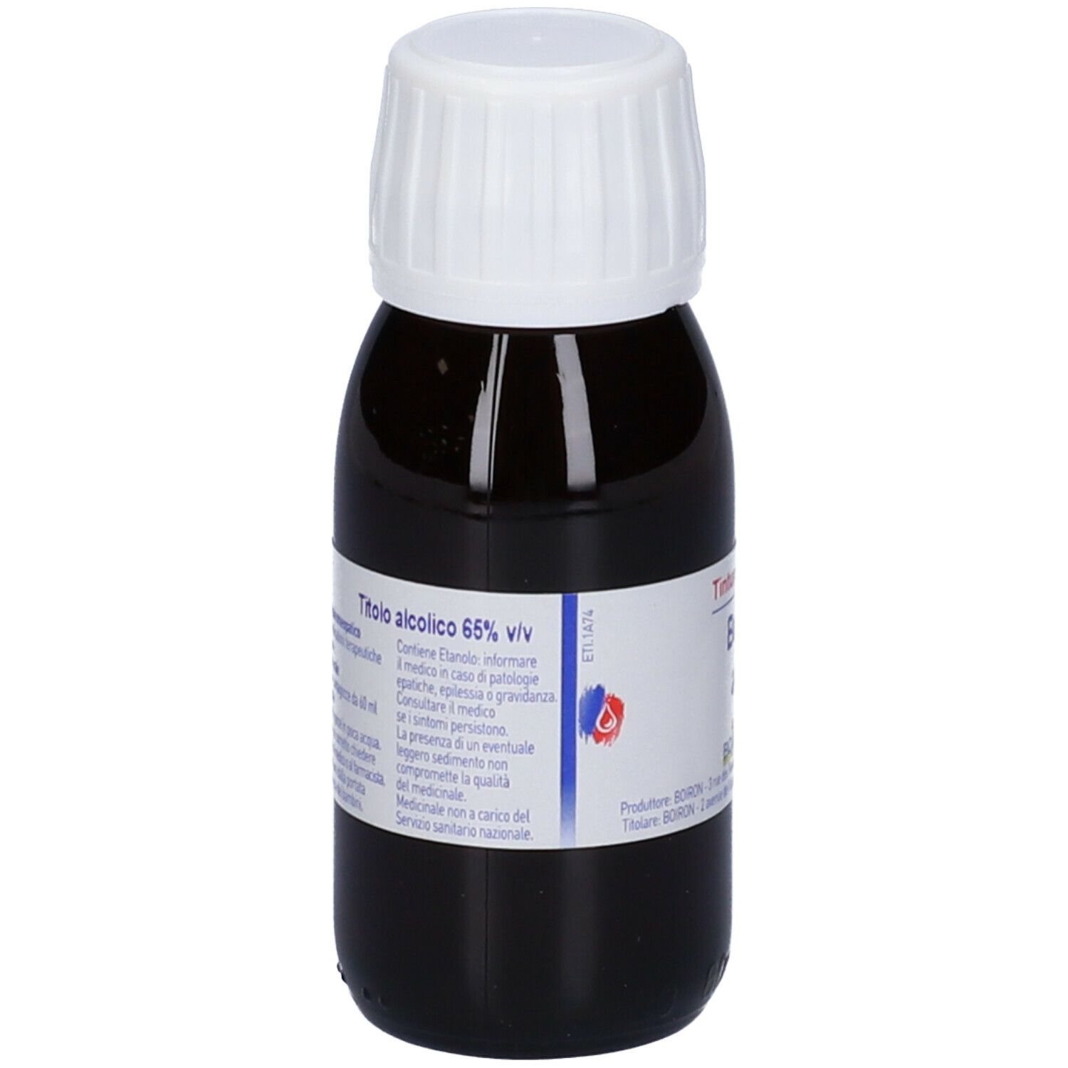 Flacone di vetro marrone con tappo bianco. Etichetta con testo, tra cui 'Titolo alcolico 65% v/v'.