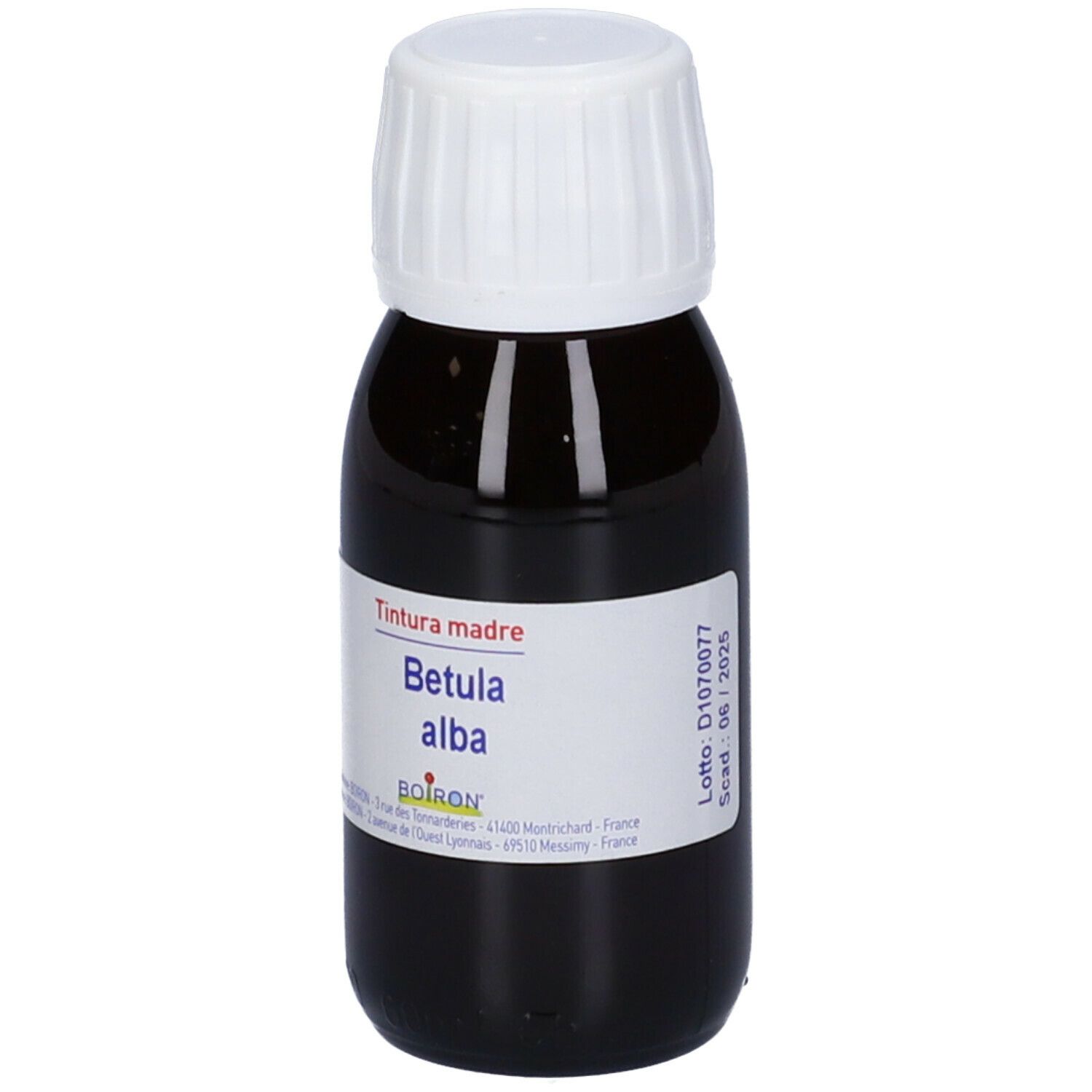 Flacone di vetro marrone con tappo bianco. Etichetta con nome del prodotto, marchio Boiron e testo.