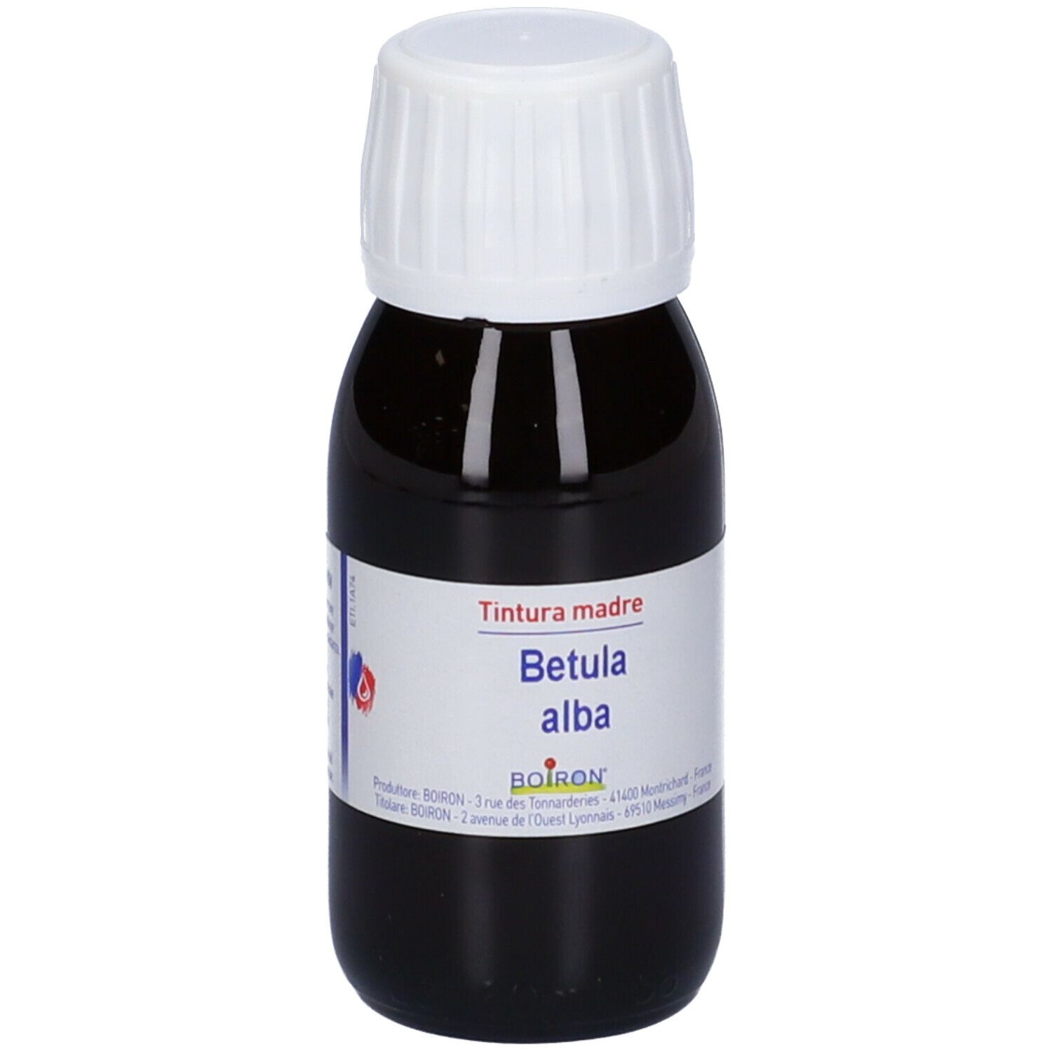 Flacone di vetro marrone con tappo bianco. Etichetta con nome del prodotto, marchio Boiron e testo.