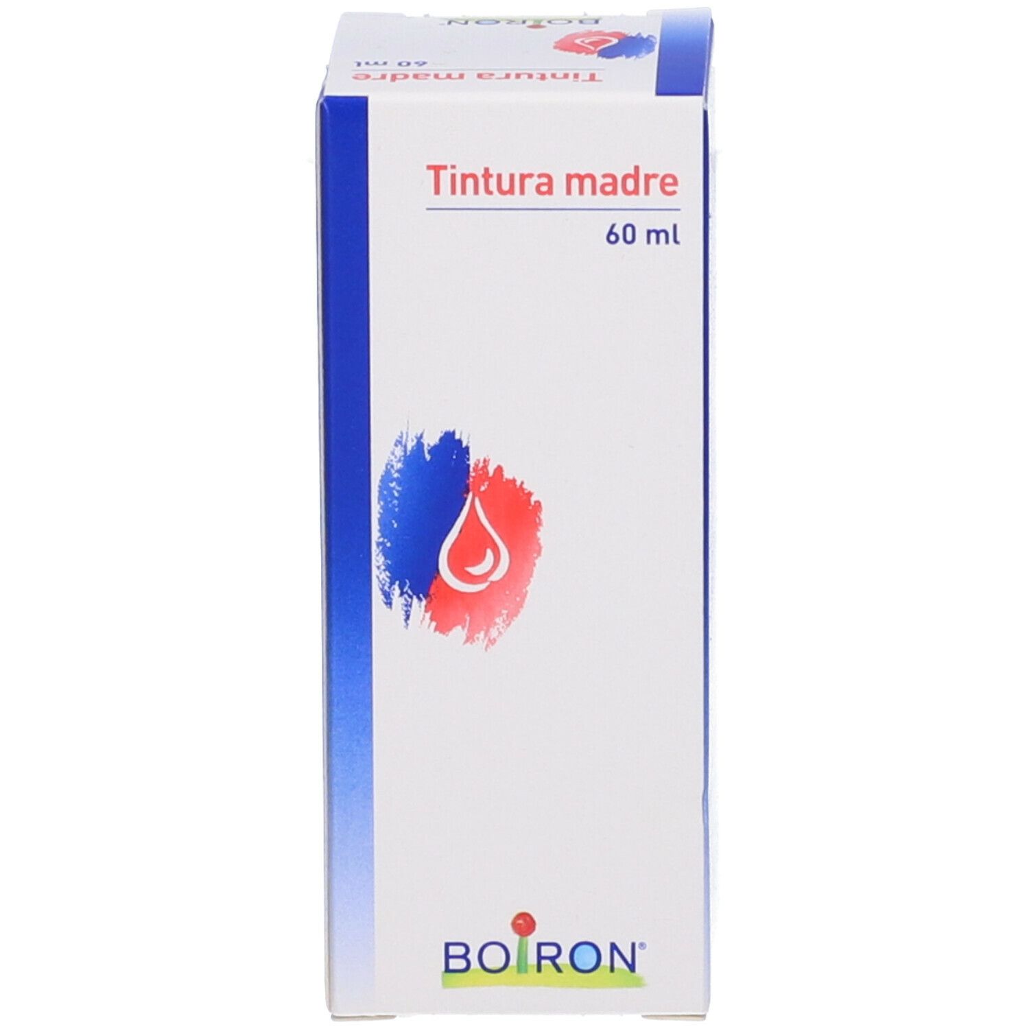 Scatola bianca con logo e testo 'Tinctura madre 60 ml'. Logo blu-rosso con goccia.