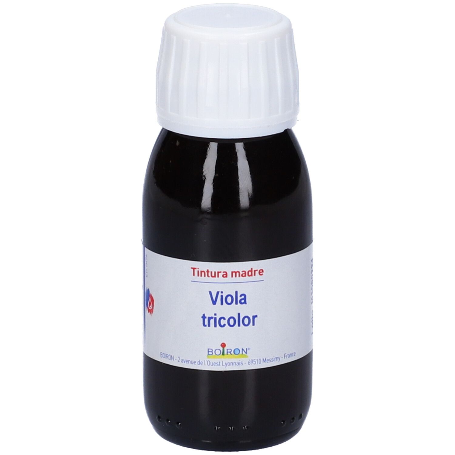 Flacone di liquido marrone con tappo bianco. Etichetta: Viola tricolor, Boiron.