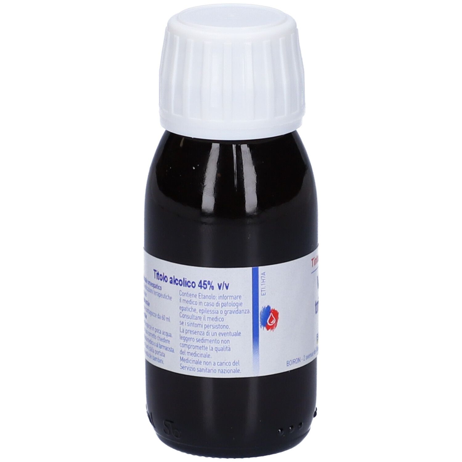 Flacone di liquido marrone con tappo bianco. Etichetta: Titolo alcolico 45% v/v.