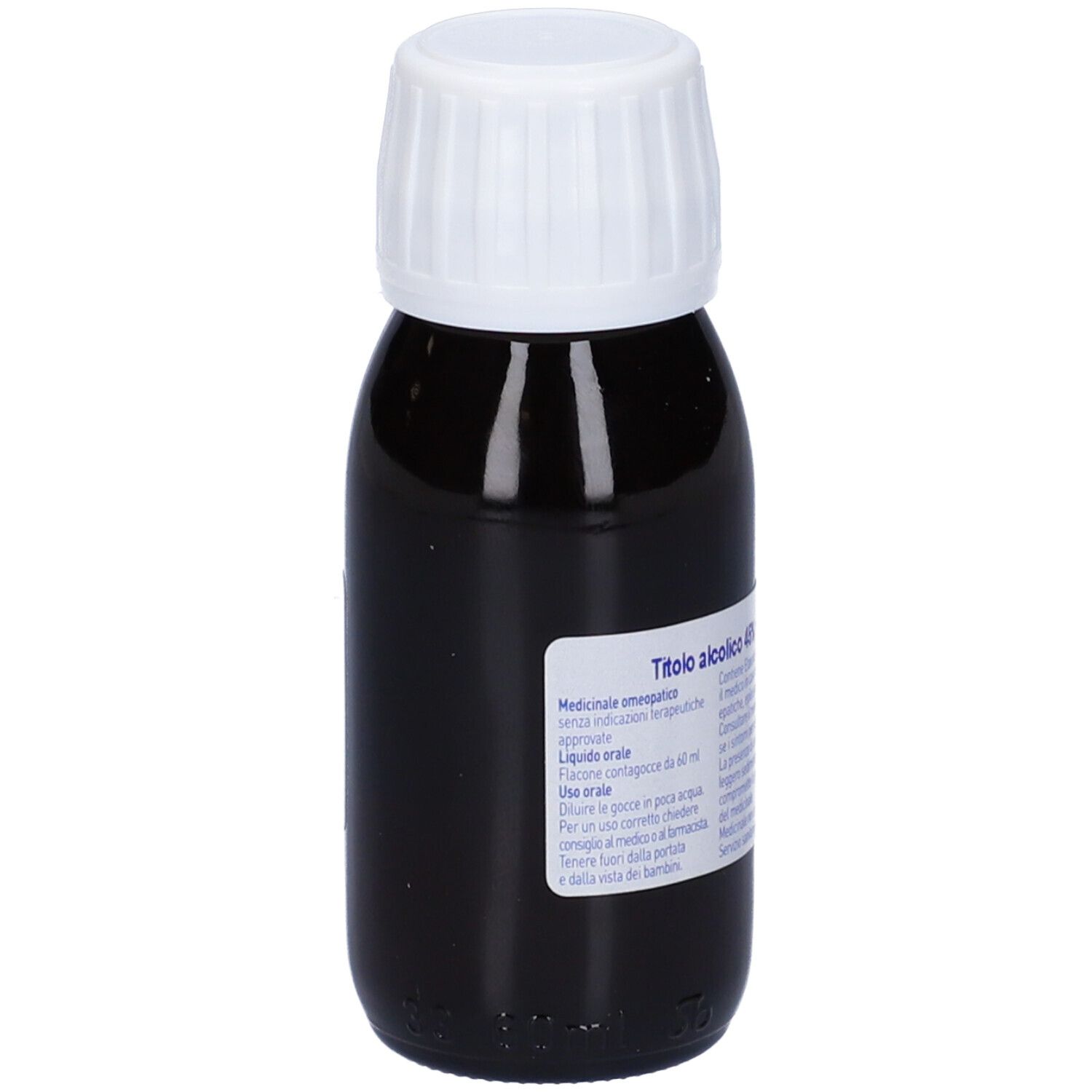 Flacone di liquido marrone con tappo bianco. Etichetta con testo sull'uso orale.