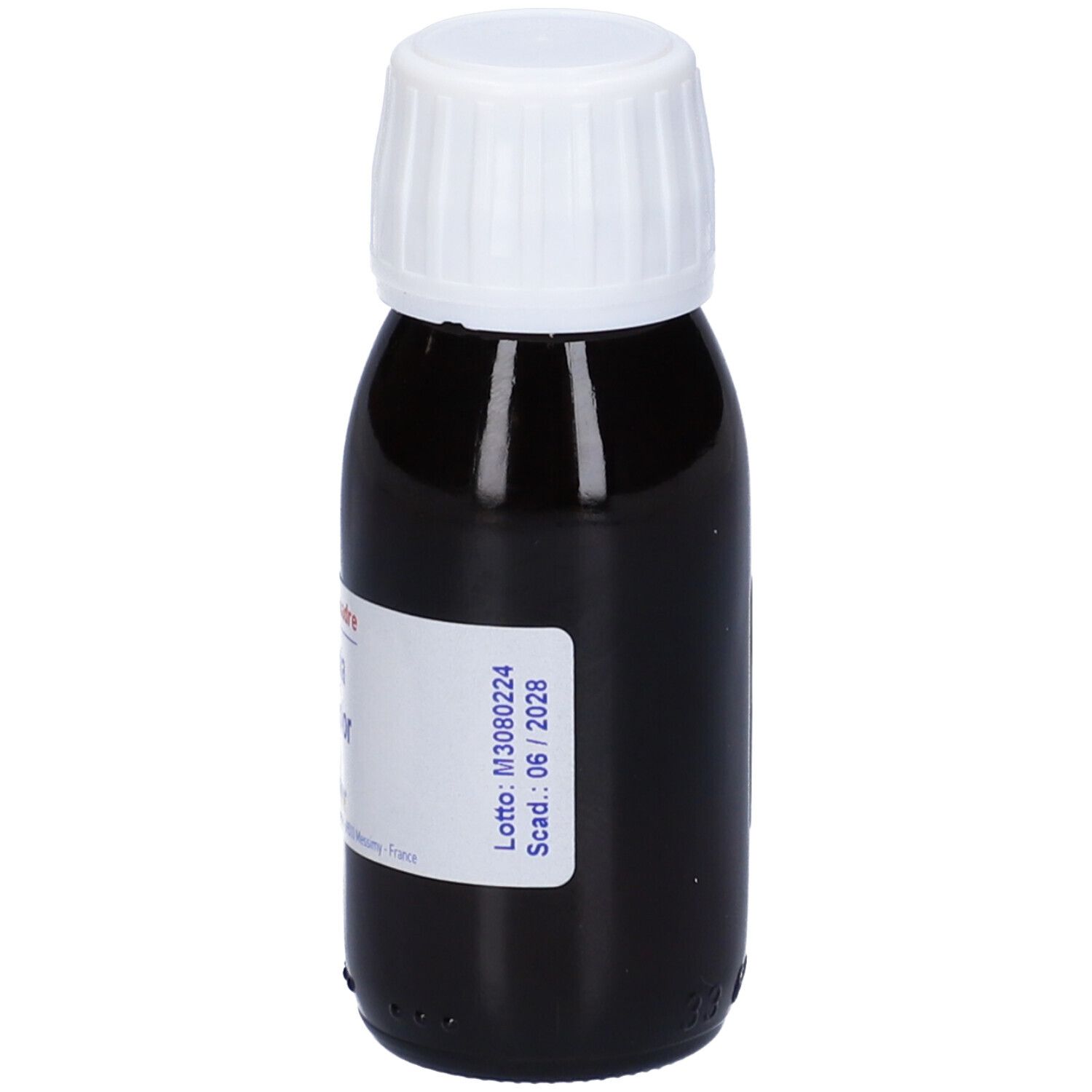 Flacone di liquido marrone con tappo bianco. Etichetta con numero di lotto e data di scadenza.