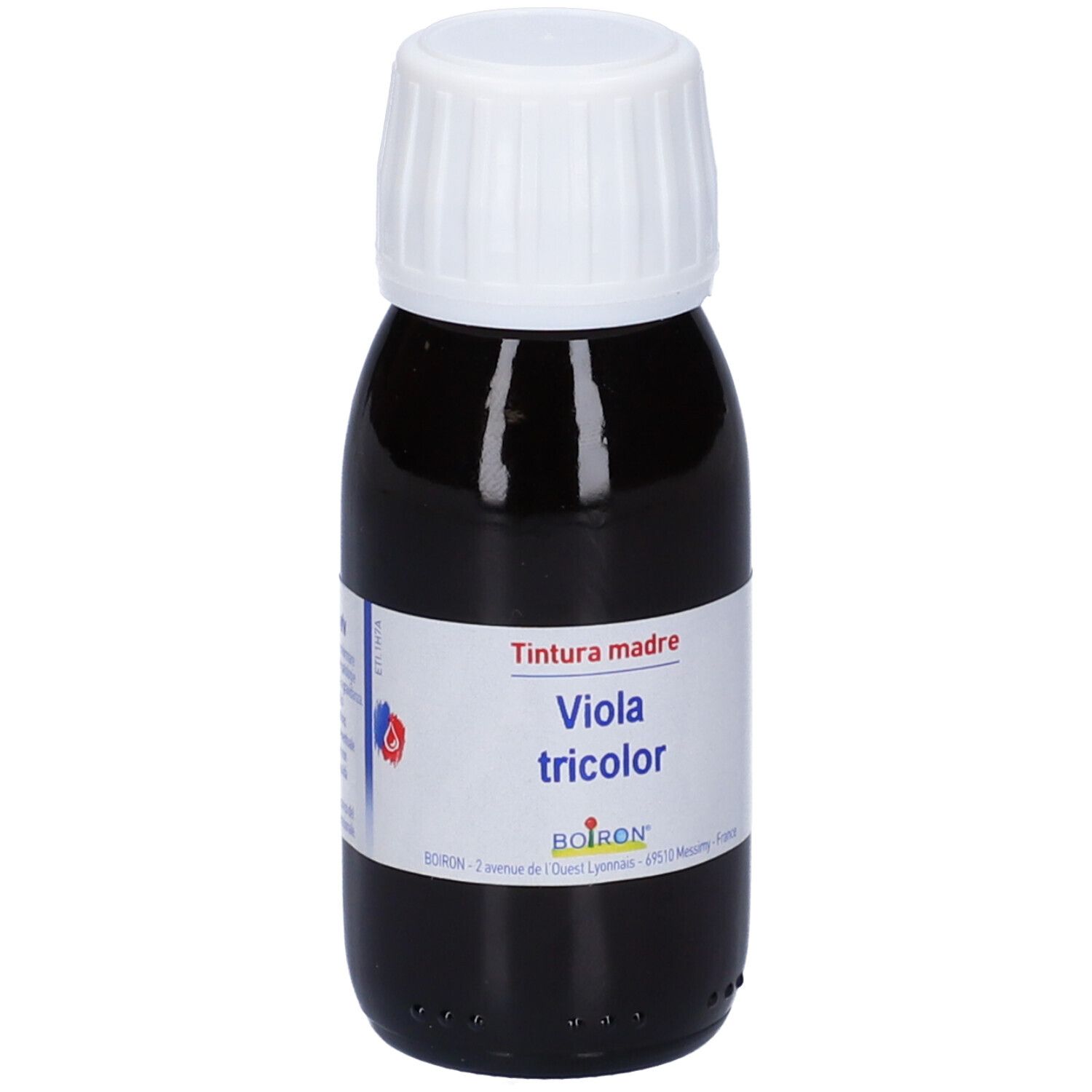 Flacone di liquido marrone con tappo bianco. Etichetta: Viola tricolor, Boiron.